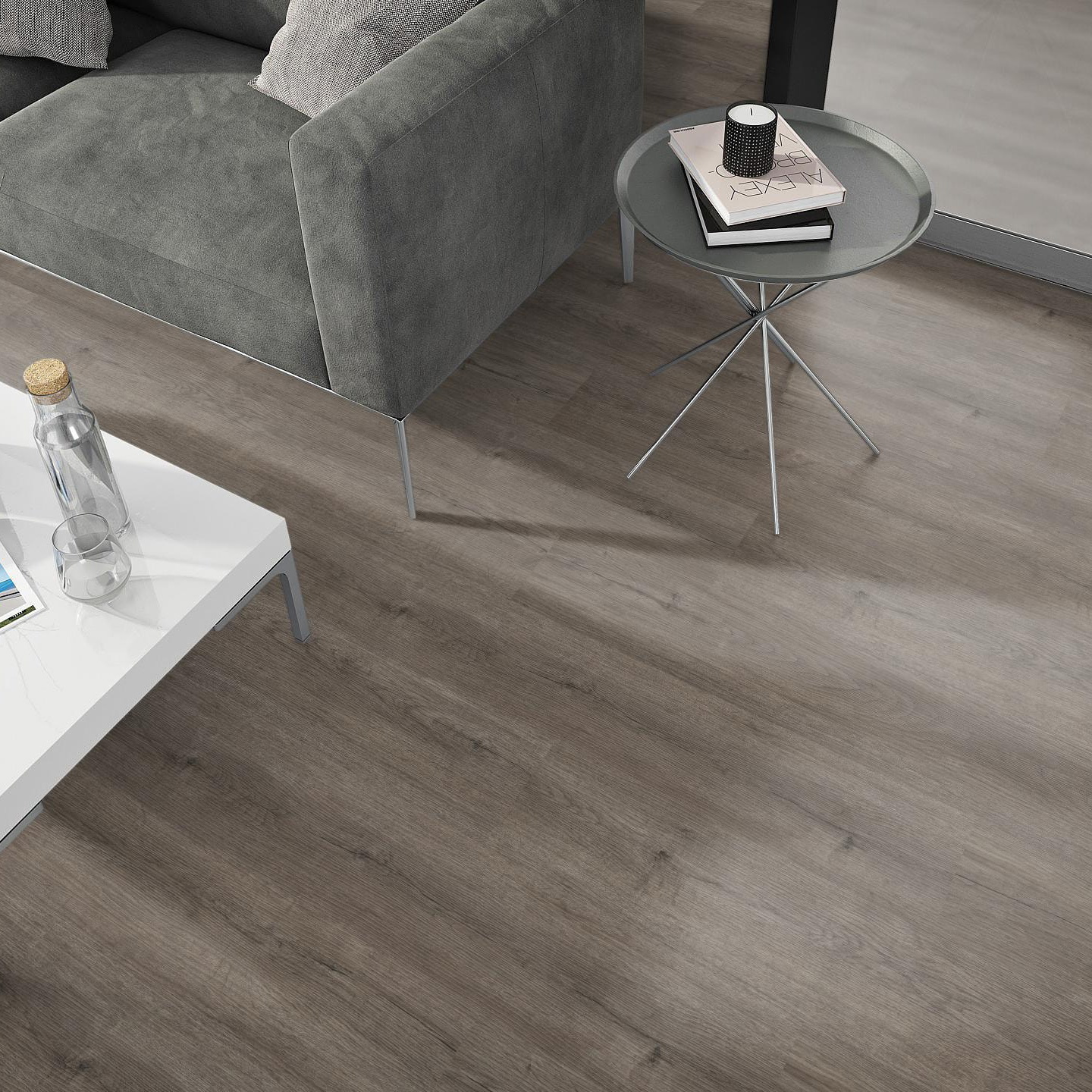 Milieubild Wohnzimmer - Sofa mit Beistelltisch und Glastür - nexflor Rigid Klick-Vinyl Apollo Click Collection Sparta Oak Milieubild Wohnzimmer - Sofa mit Beistelltisch und Glastür - nexflor NXF-60030-006