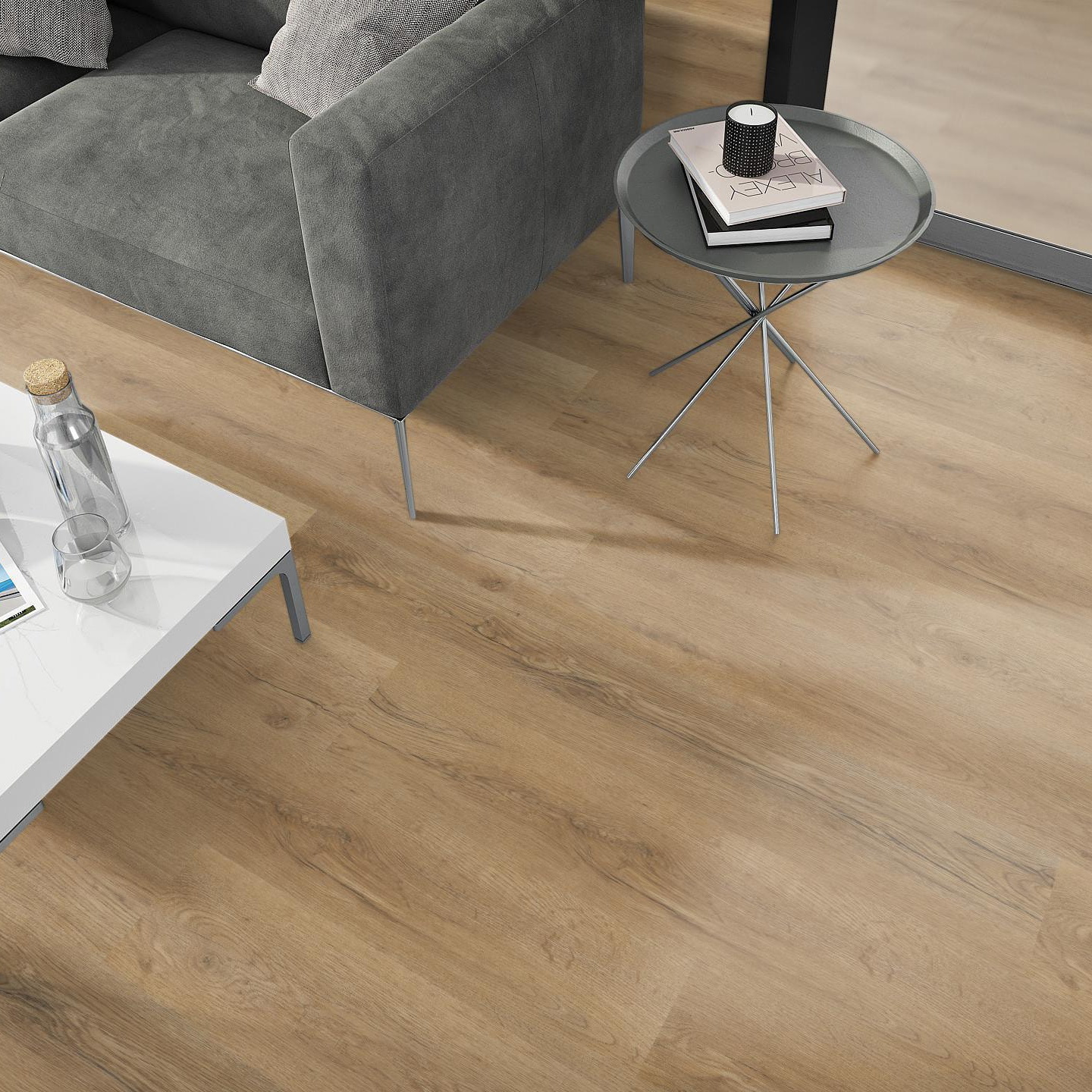 Milieubild Wohnzimmer - Sofa mit Beistelltisch und Glastür - nexflor Klebe-Vinyl Apollo Collection Naxos Oak Milieubild Wohnzimmer - Sofa mit Beistelltisch und Glastür - nexflor NXF-50030-018