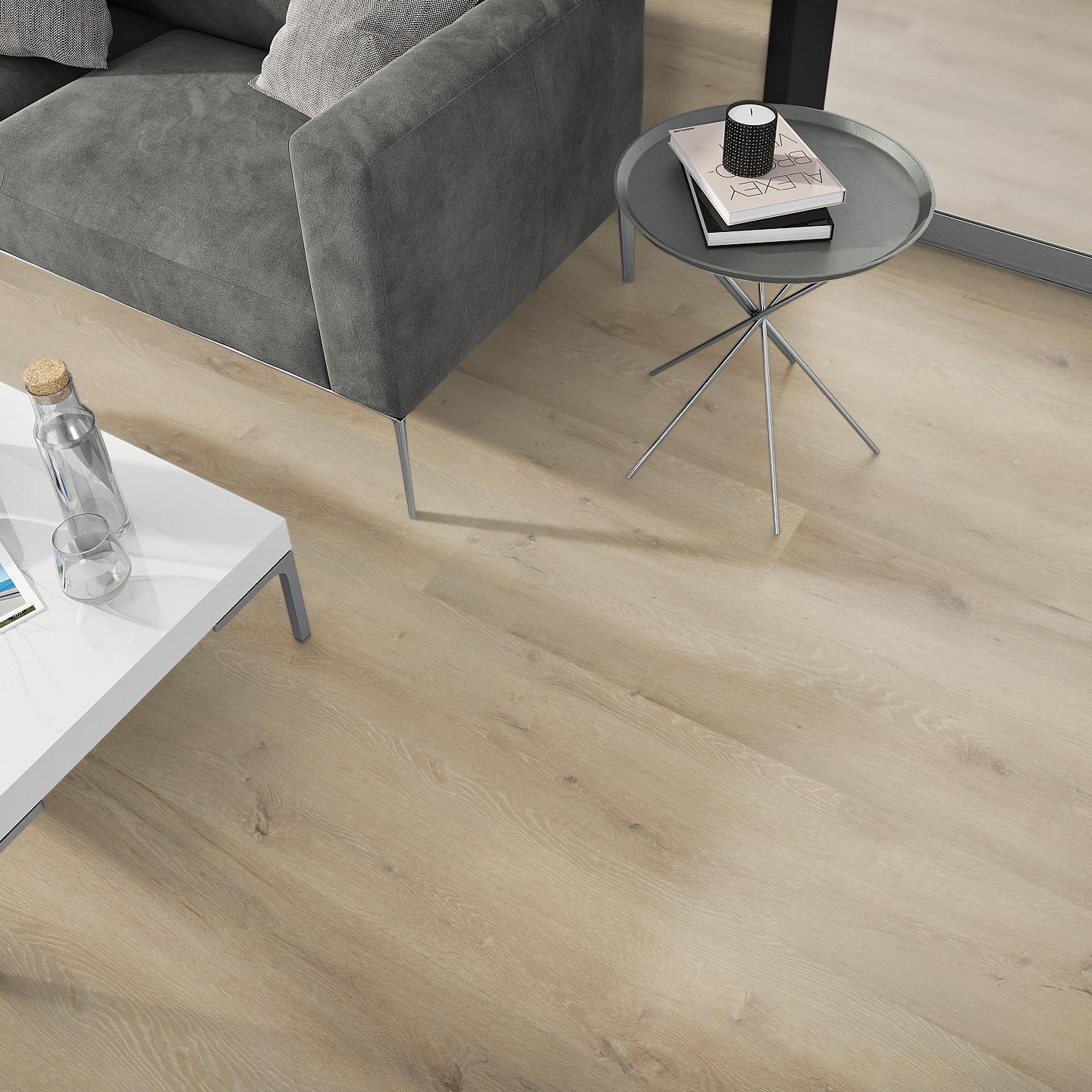 Milieubild Wohnzimmer - Sofa mit Beistelltisch und Glastür - nexflor Rigid Klick-Vinyl Helios Click Collection Ithaca Oak Milieubild Wohnzimmer - Sofa mit Beistelltisch und Glastür - nexflor NXF-20030-007