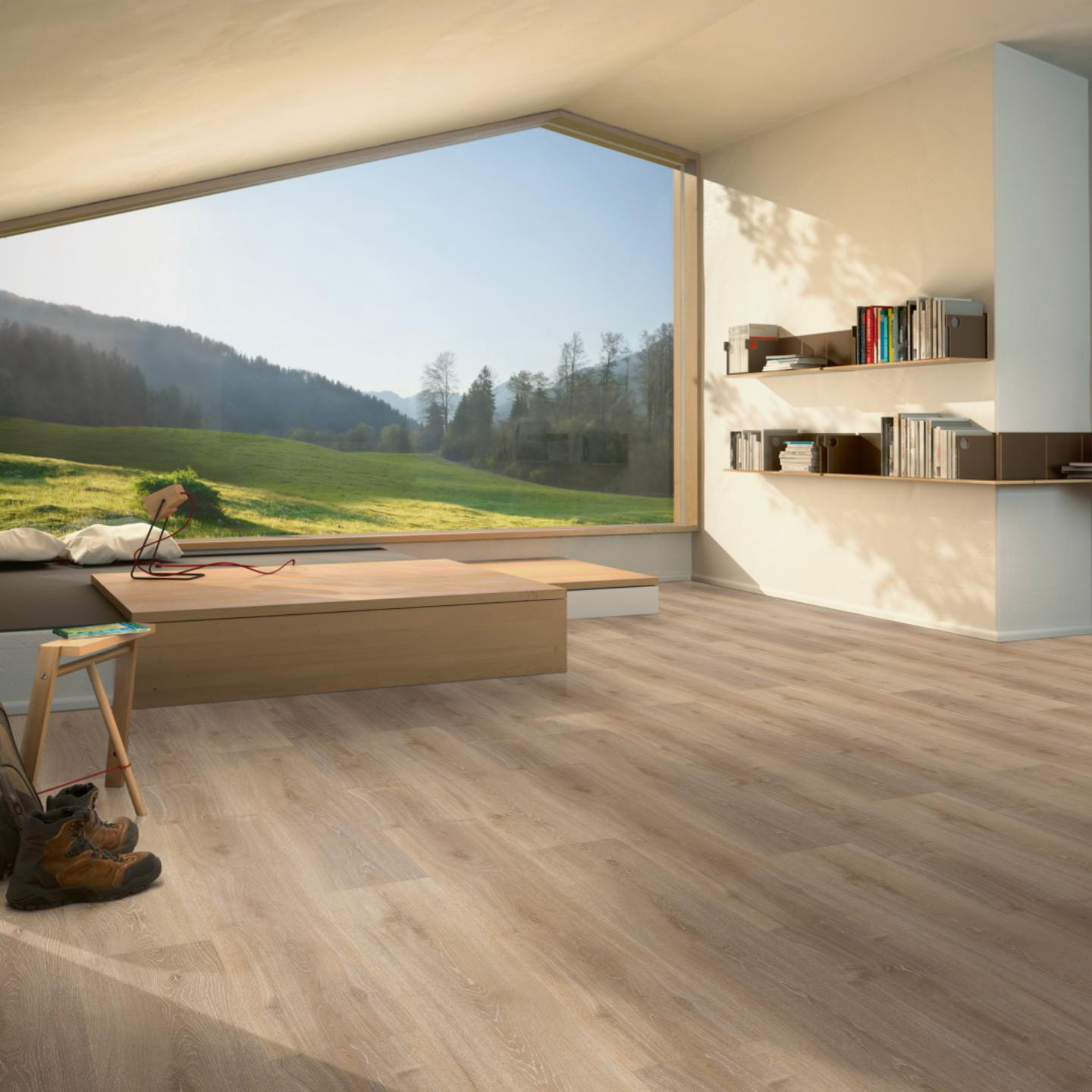 Milieubild Moderne Hütte mit Blick in die Natur - Parador Klebe-Vinyl Classic 2025 Eiche Royal hell gekälkt Milieubild Moderne Hütte mit Blick in die Natur - Parador 1748870