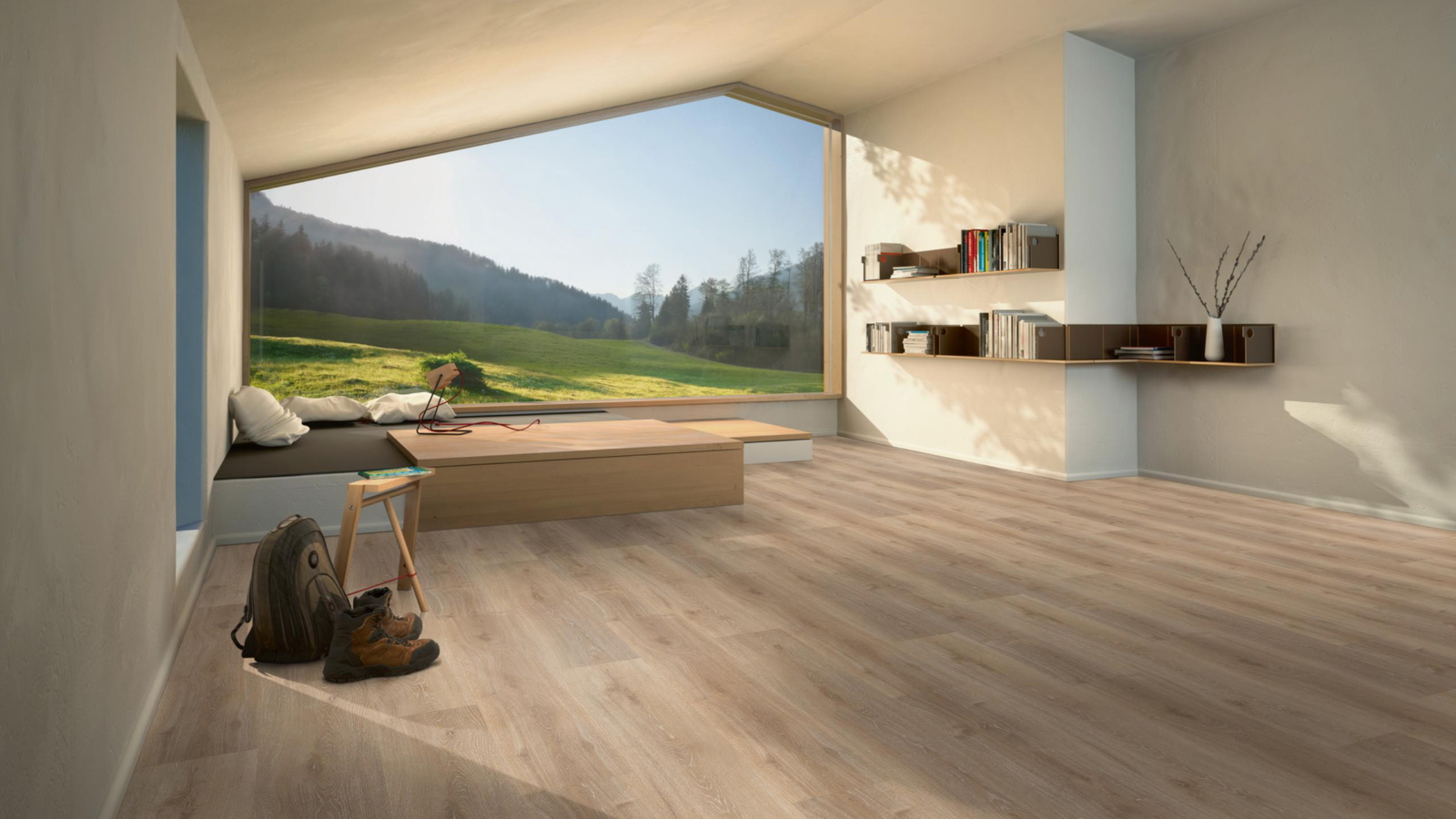 Milieubild Moderne Hütte mit Blick in die Natur - Parador Klebe-Vinyl Classic 2025 Eiche Royal hell gekälkt Milieubild Moderne Hütte mit Blick in die Natur - Parador 1748870