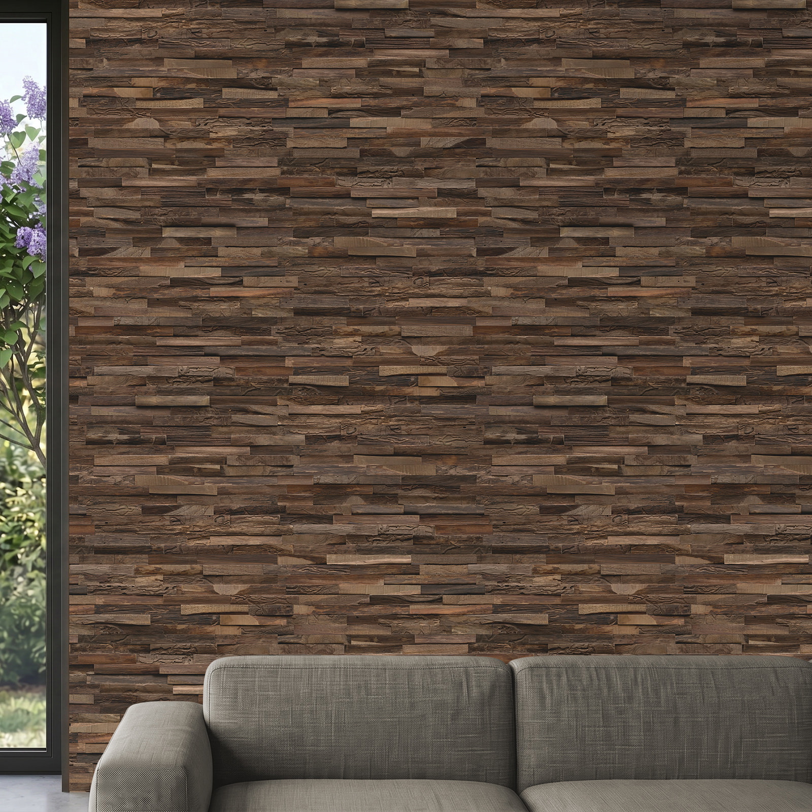 Perspektivische Ansicht - nexwall nature Echholz-Wandverkleidung Rimba Teak Luxe Burnt Brown Perspektivische Ansicht - nexwall nature NXWN-41020-003