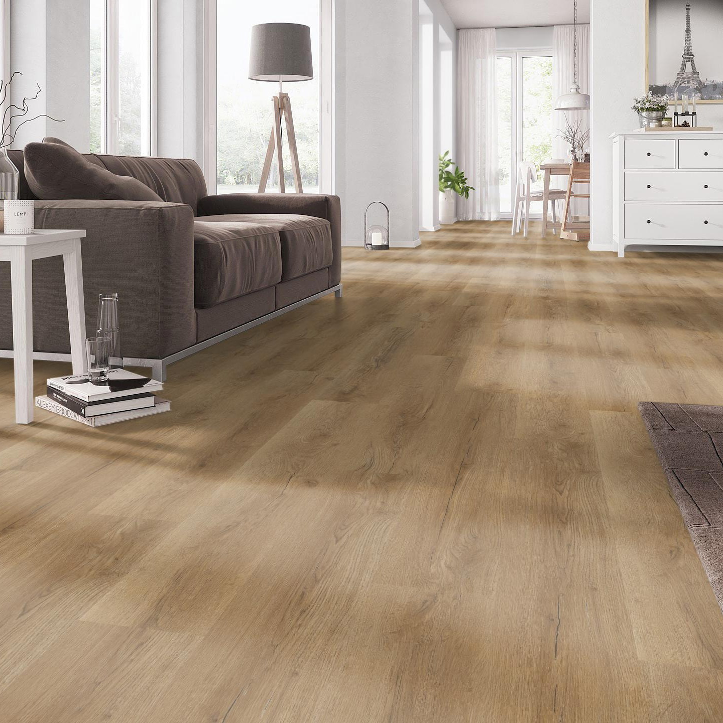 Milieubild Wohnzimmer mit Couch - nexflor Klebe-Vinyl Apollo Collection Naxos Oak Milieubild Wohnzimmer mit Couch - nexflor NXF-50030-018