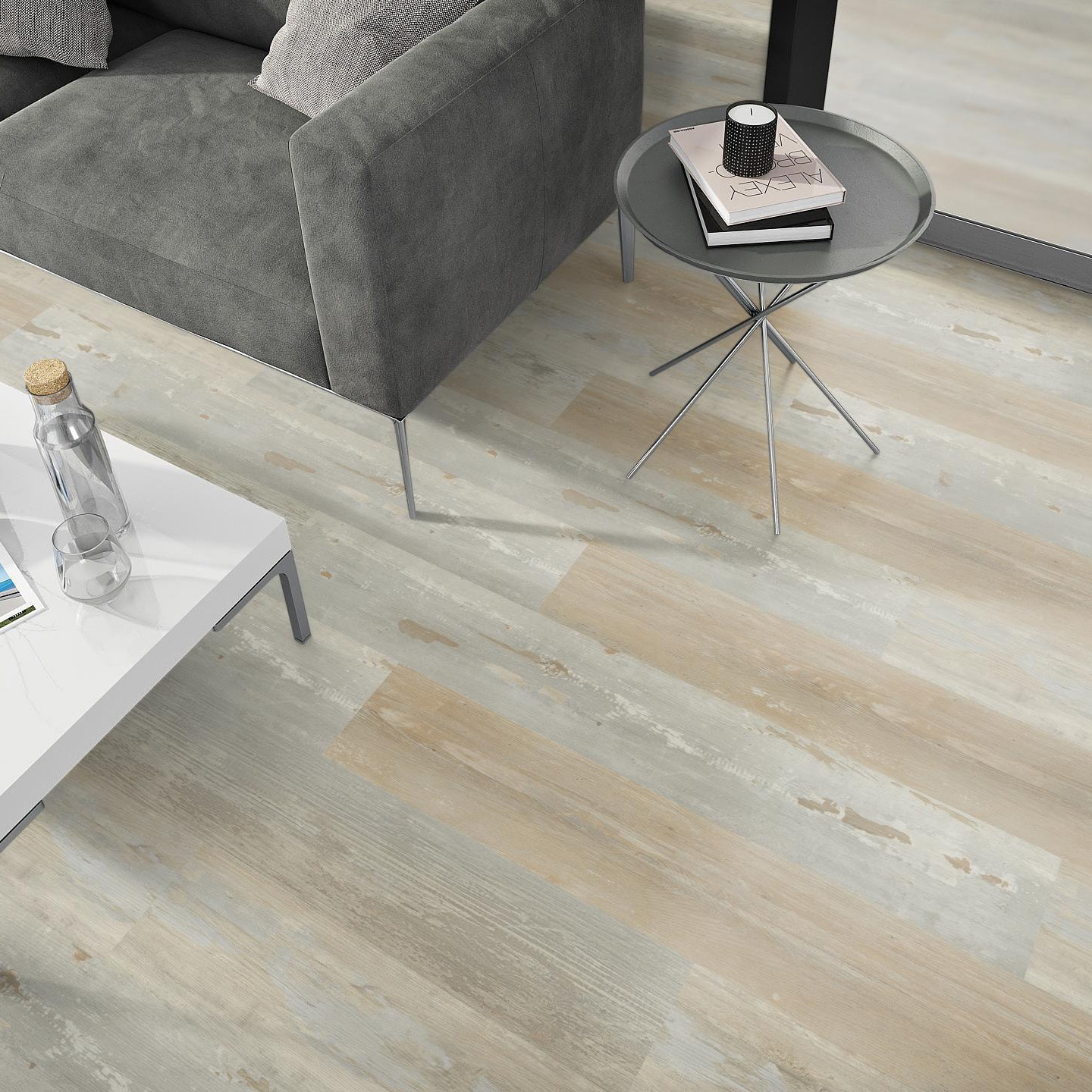Milieubild Wohnzimmer - Sofa mit Beistelltisch und Glastür - nexflor Klebe-Vinyl Apollo Collection Knossos Oak Milieubild Wohnzimmer - Sofa mit Beistelltisch und Glastür - nexflor NXF-50030-012