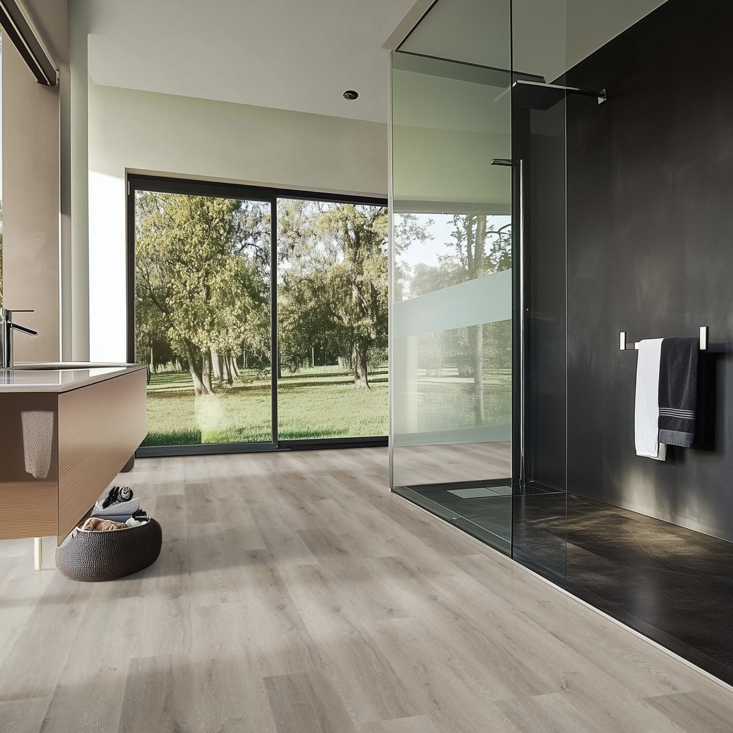 Milieubild Modernes Badezimmer mit bodentiefer Dusche - nexflor Rigid Klick-Vinyl Helios Click Collection Teos Oak Milieubild Modernes Badezimmer mit bodentiefer Dusche - nexflor NXF-20030-004