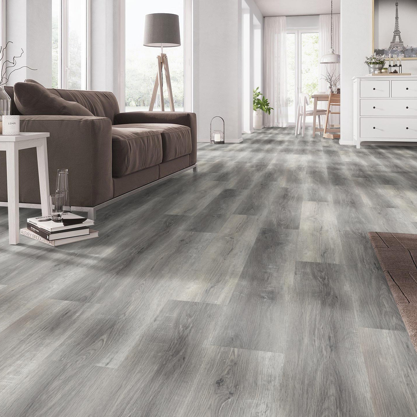 Milieubild Wohnzimmer mit Couch - nexflor Klebe-Vinyl Apollo Collection Troy Oak Milieubild Wohnzimmer mit Couch - nexflor NXF-50030-004