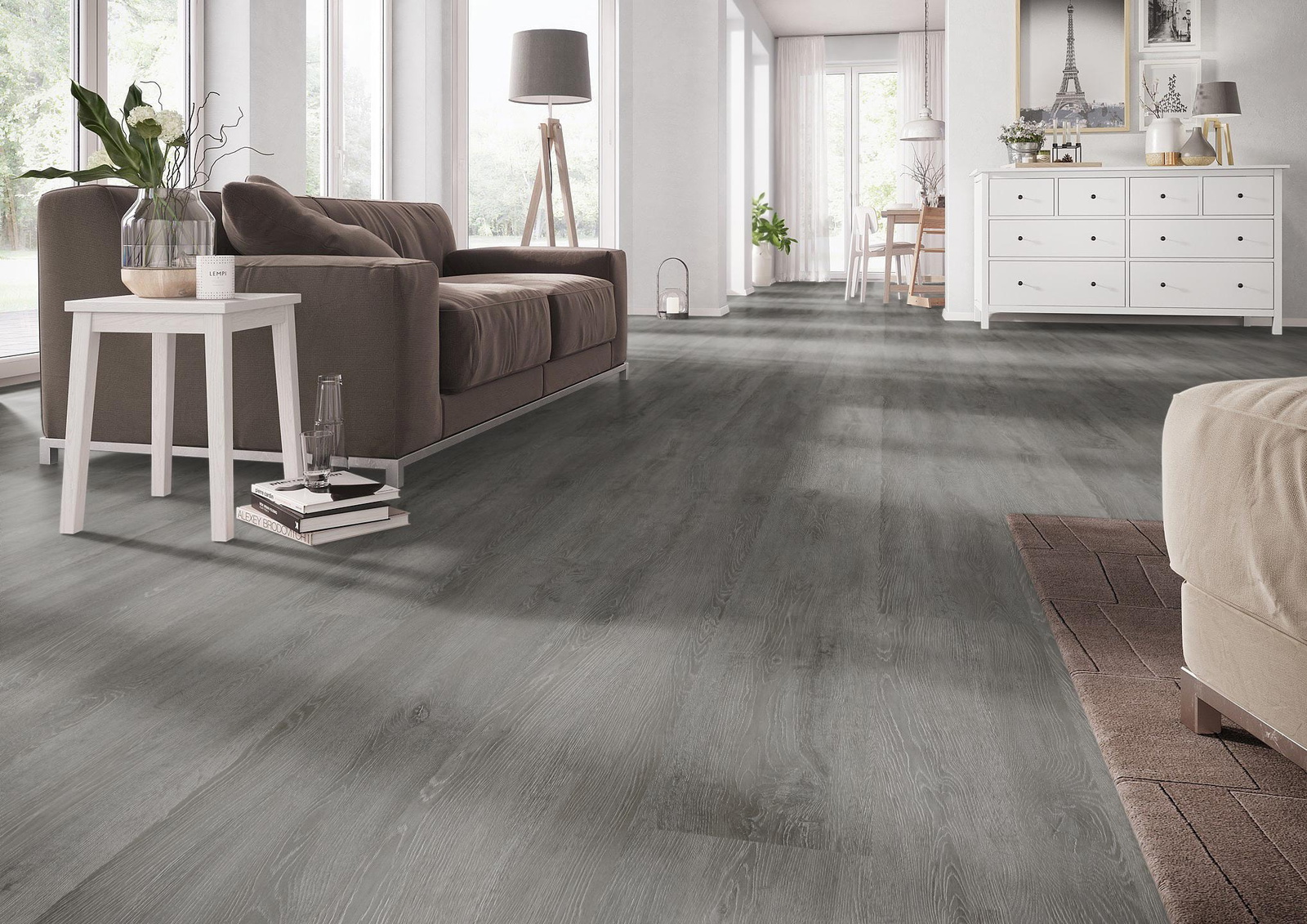 Milieubild Wohnzimmer mit Couch - nexflor Klebe-Vinyl Helios Collection Arcadia Oak Milieubild Wohnzimmer mit Couch - nexflor NXF-10030-005