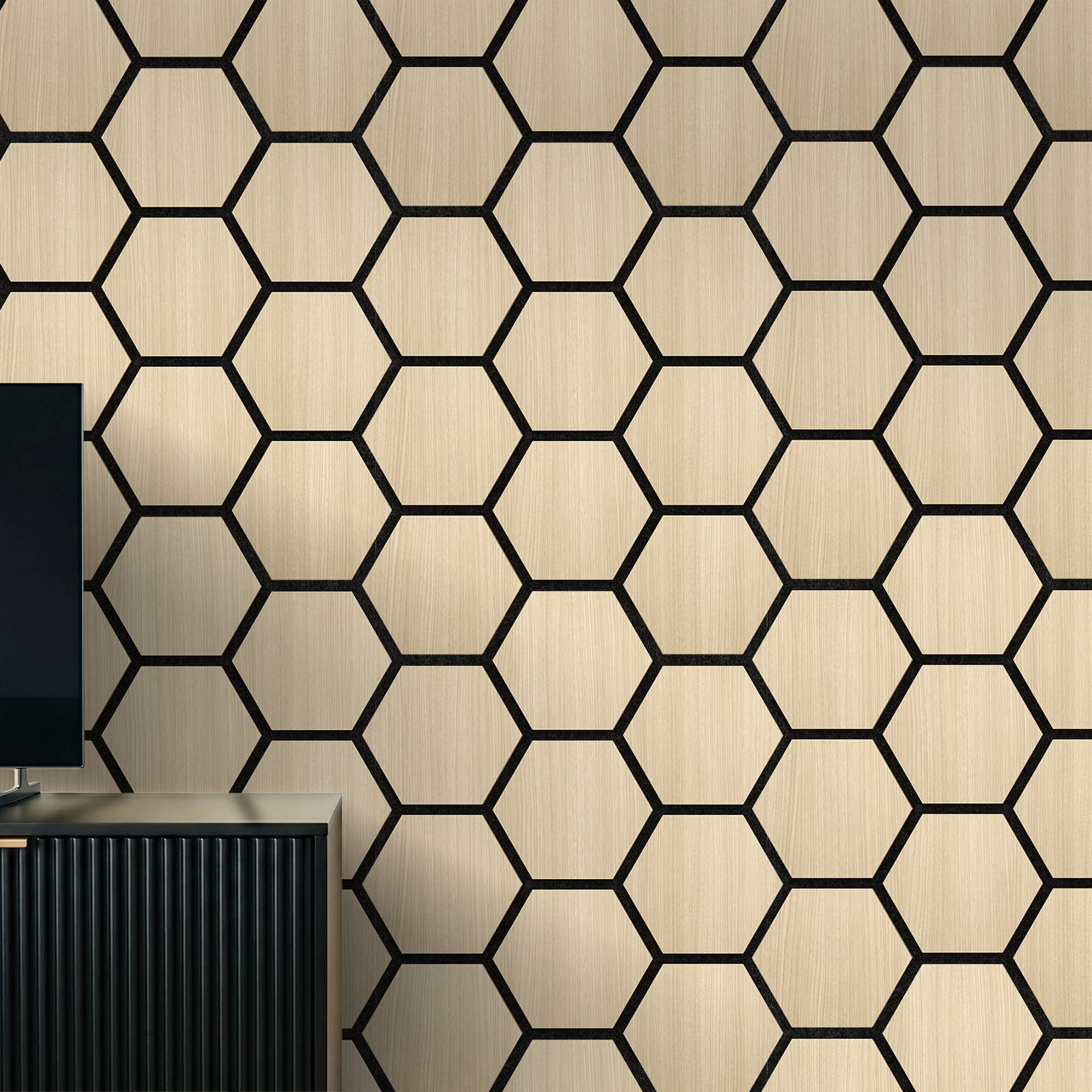 Perspektivische Ansicht - nexwall Akustikpaneel Sonus Prime Hexa Oak Light Perspektivische Ansicht - nexwall NXW-42018-003
