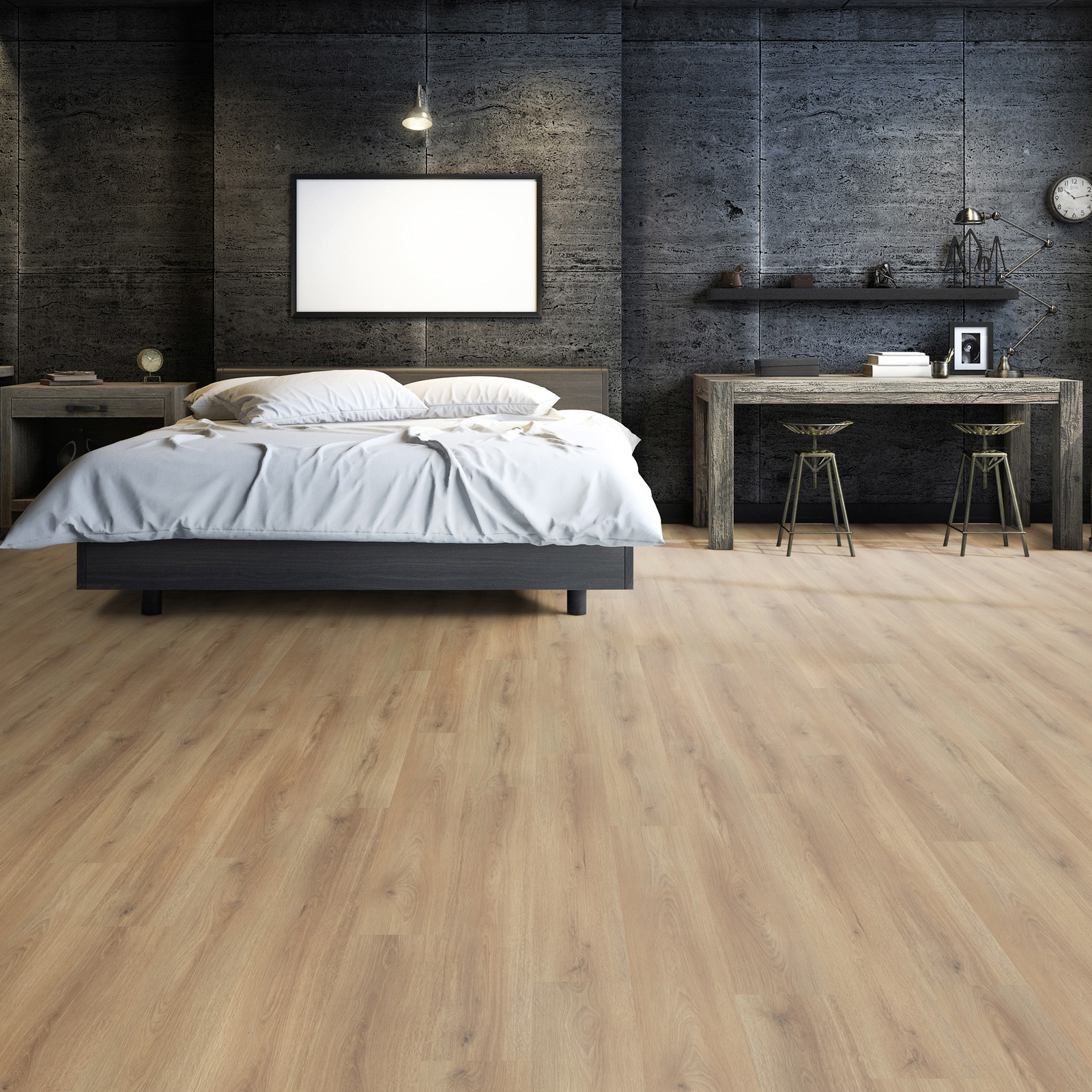 Milieubild Großzügiges Schafzimmer mit Steinwand - Friends by ter Hürne Laminat Eiche Aurelia Milieubild Großzügiges Schafzimmer mit Steinwand - Friends by ter Hürne 1188020021