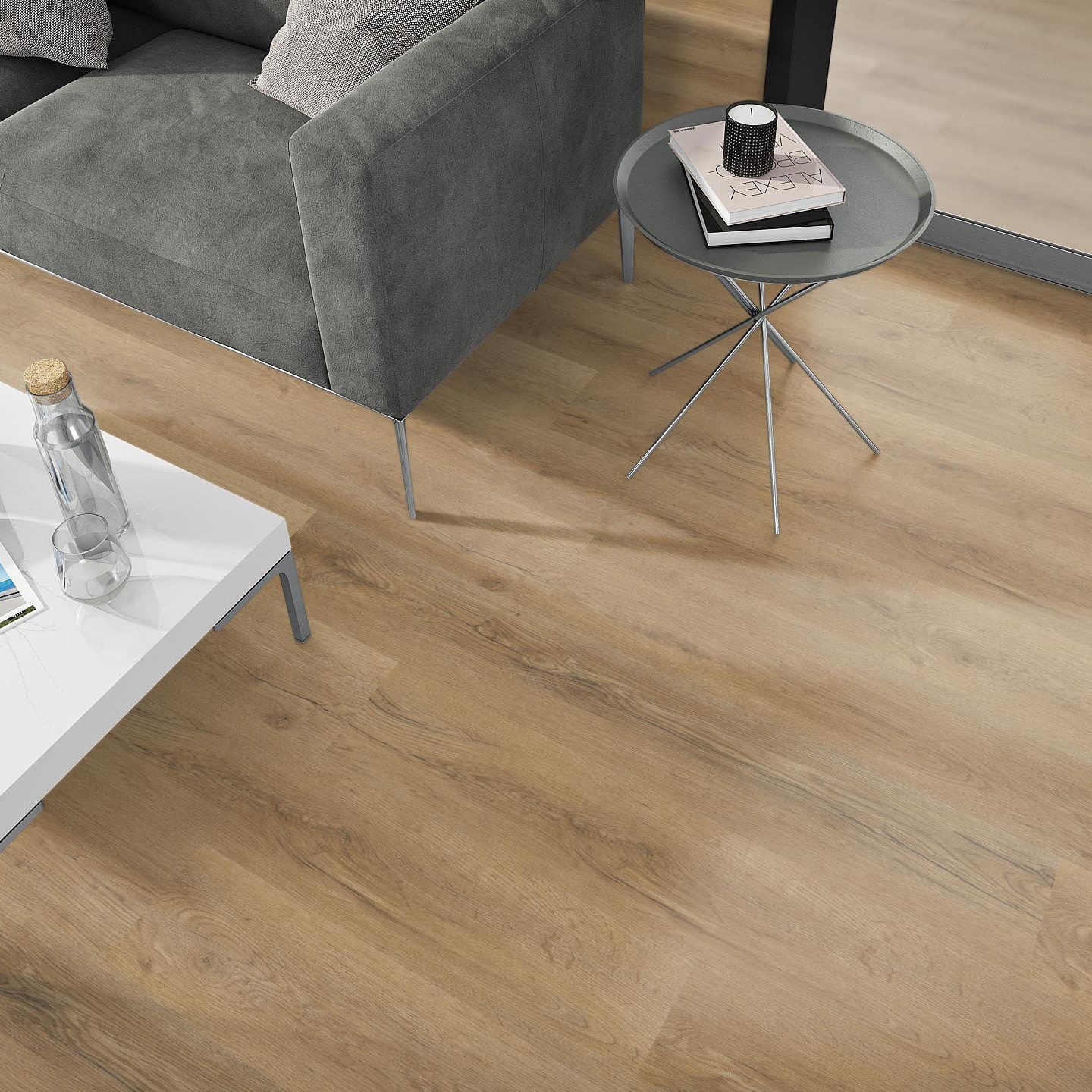 Milieubild Wohnzimmer - Sofa mit Beistelltisch und Glastür - nexflor NXF-70055-002