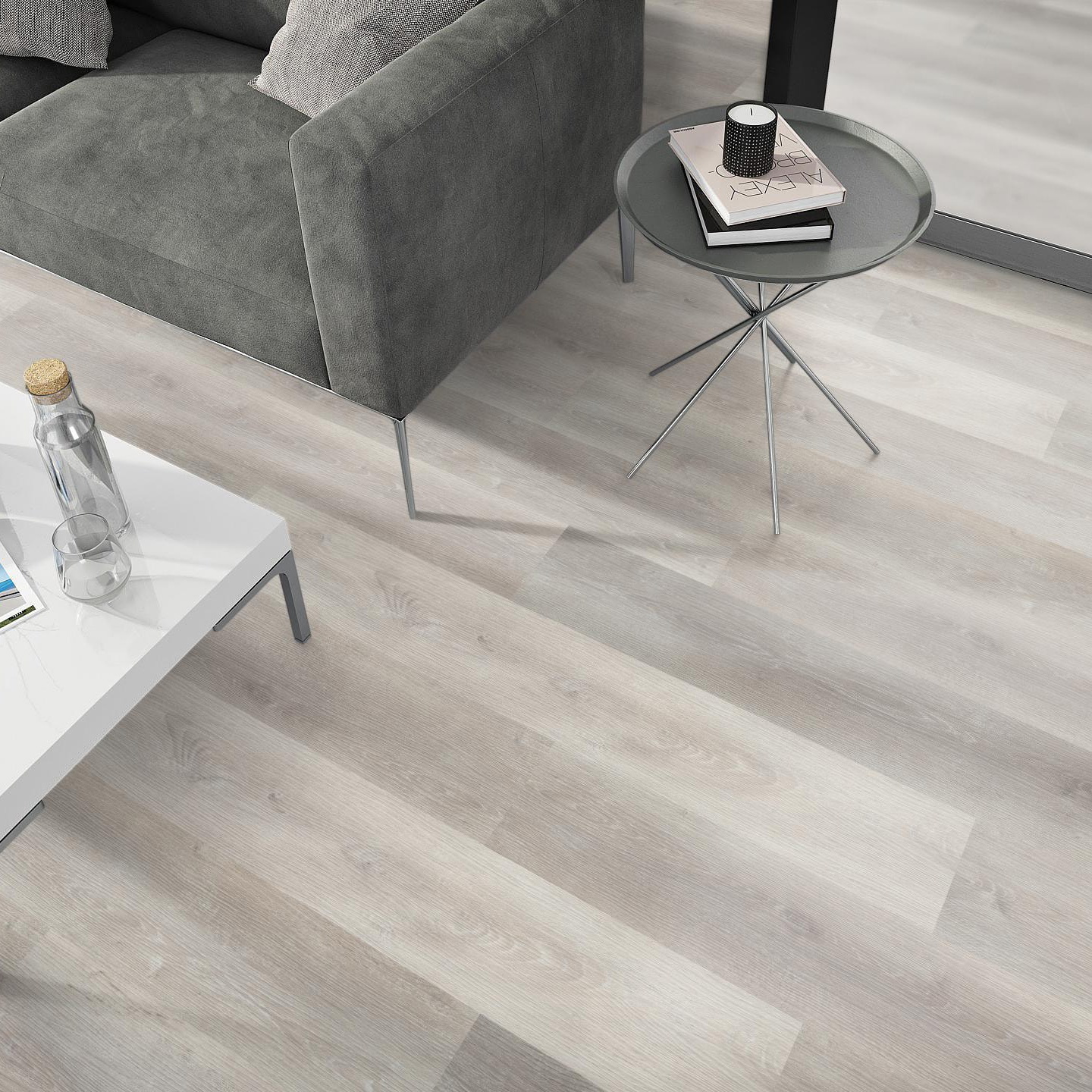Milieubild Wohnzimmer - Sofa mit Beistelltisch und Glastür - nexflor Klebe-Vinyl Apollo Collection Ephesus Oak Milieubild Wohnzimmer - Sofa mit Beistelltisch und Glastür - nexflor NXF-50030-009