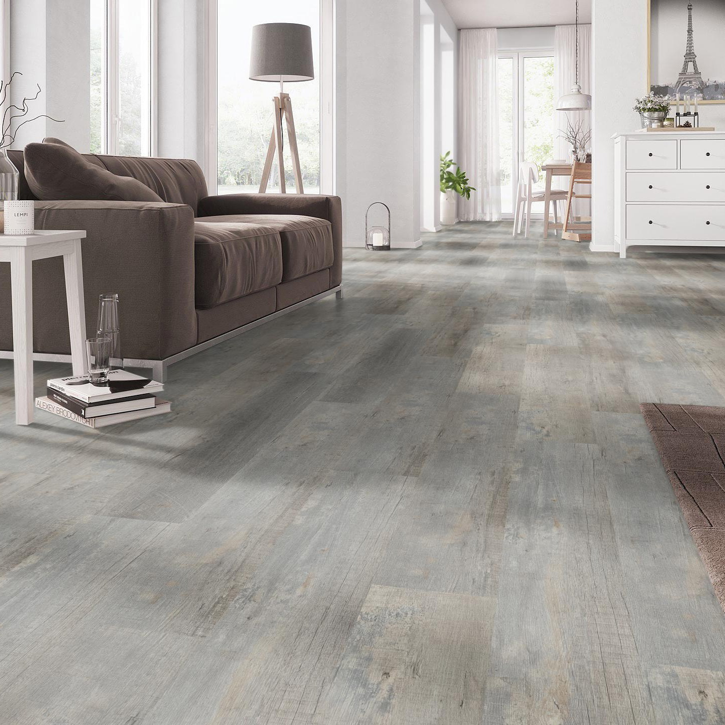 Milieubild Wohnzimmer mit Couch - nexflor Klebe-Vinyl Apollo Collection Argos Oak Milieubild Wohnzimmer mit Couch - nexflor NXF-50030-011