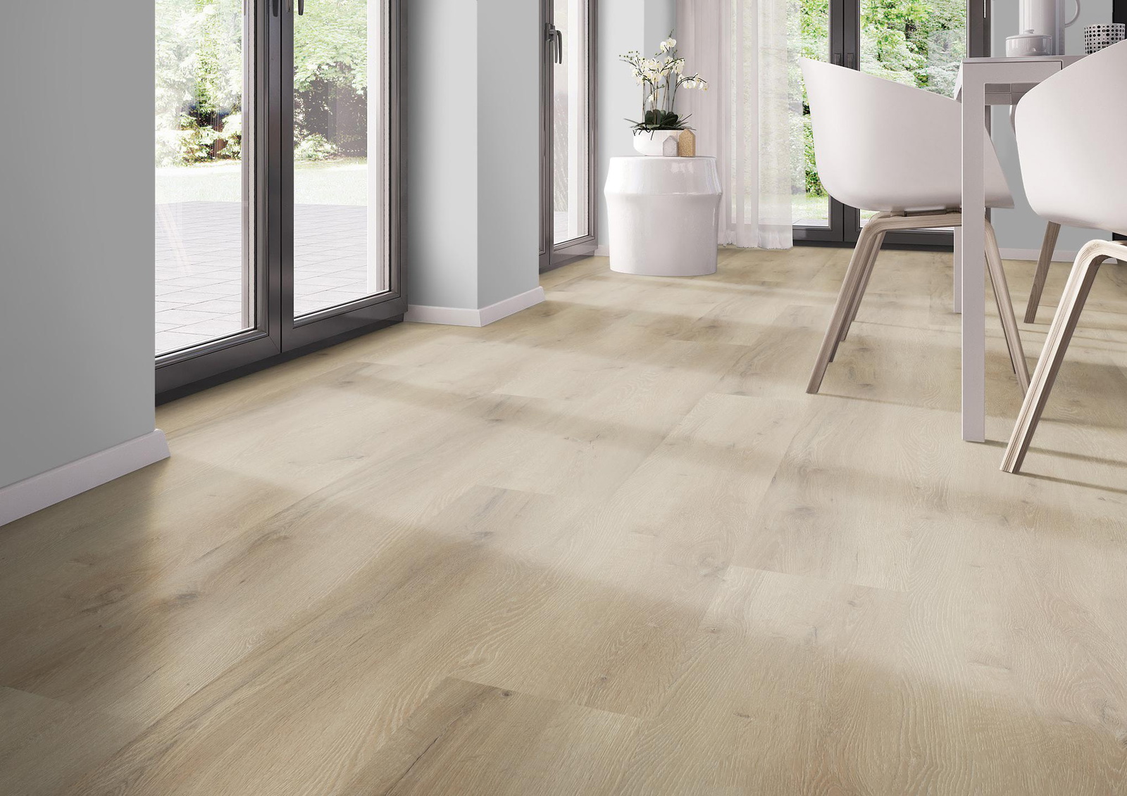 Milieubild Modernes Esszimmer - bodentiefe Perspektive - nexflor Rigid Klick-Vinyl Helios Click Collection Ithaca Oak Milieubild Modernes Esszimmer - bodentiefe Perspektive - nexflor NXF-20030-007