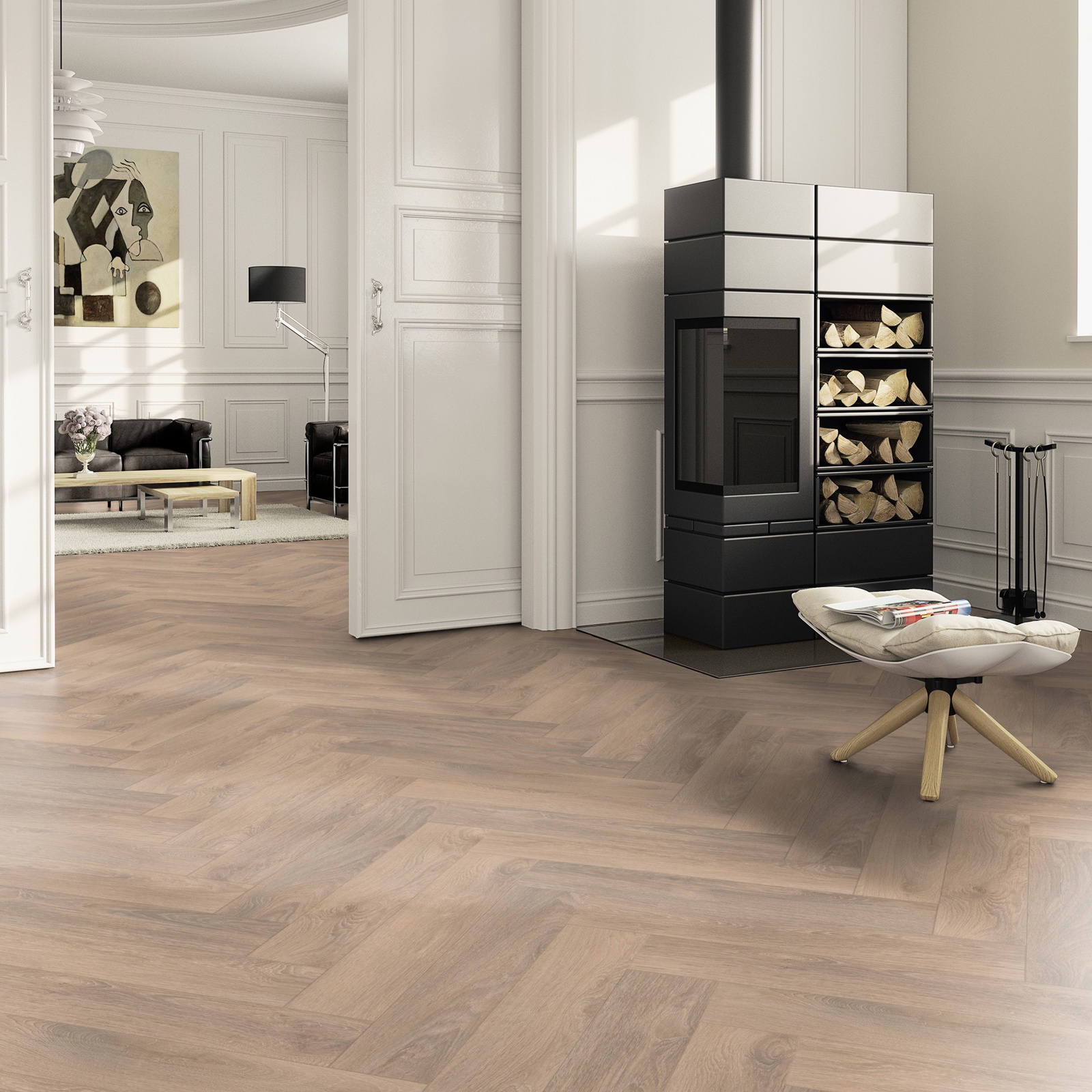 Milieubild Wohnzimmer im Landhaus-Stil mit Kamin - ter Hürne Laminat Herringbone Edition Eiche Chalet Milieubild Wohnzimmer im Landhaus-Stil mit Kamin - ter Hürne 1101021853