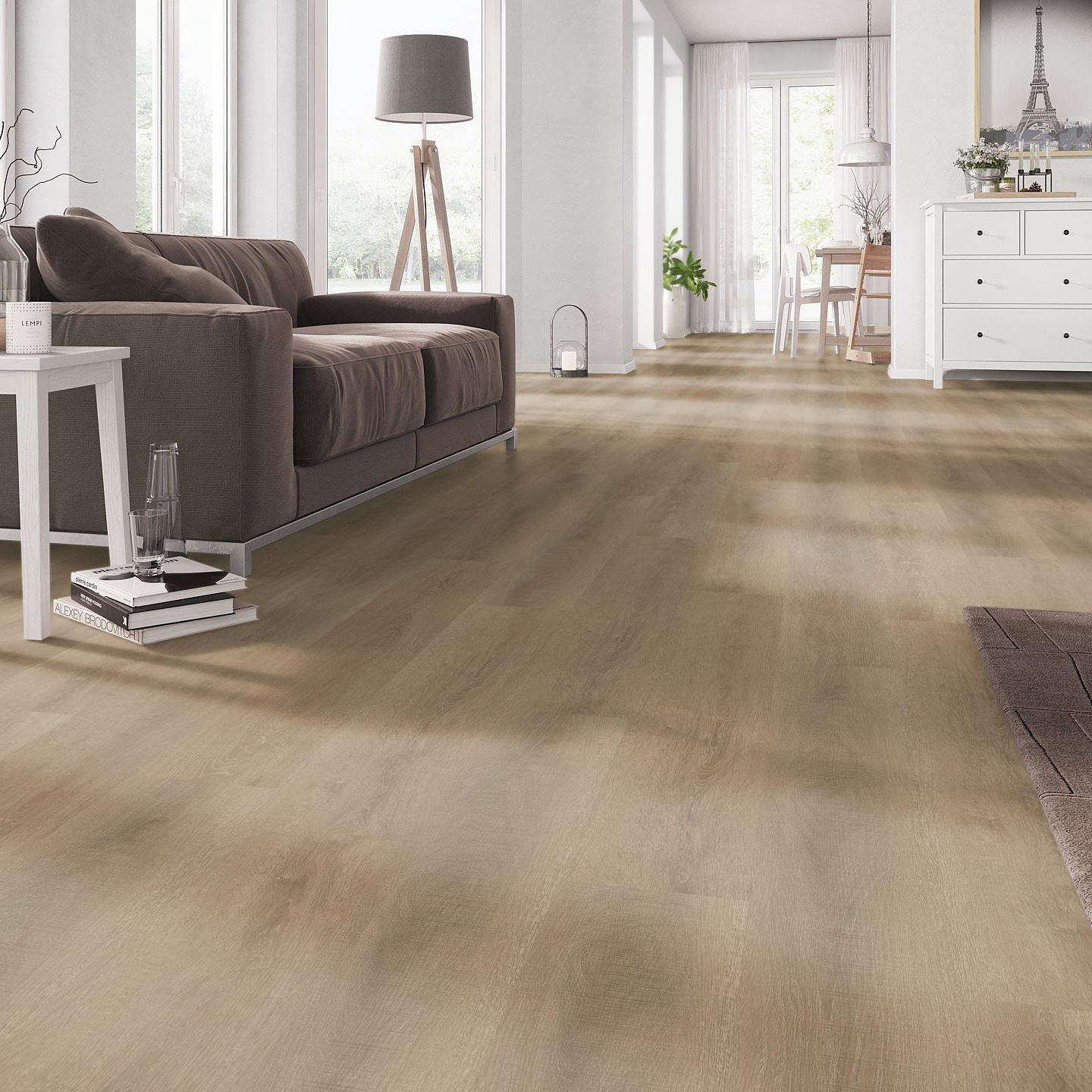 Milieubild Wohnzimmer mit Couch - nexflor Klebe-Vinyl Apollo Collection Kefalonia Oak Milieubild Wohnzimmer mit Couch - nexflor NXF-50030-014