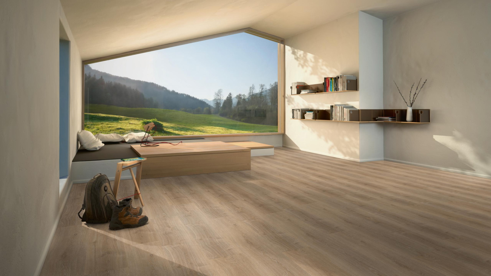 Milieubild Moderne Hütte mit Blick in die Natur - Parador Klebe-Vinyl Basic 2.0 Eiche Royal hell gekälkt Milieubild Moderne Hütte mit Blick in die Natur - Parador 1730780