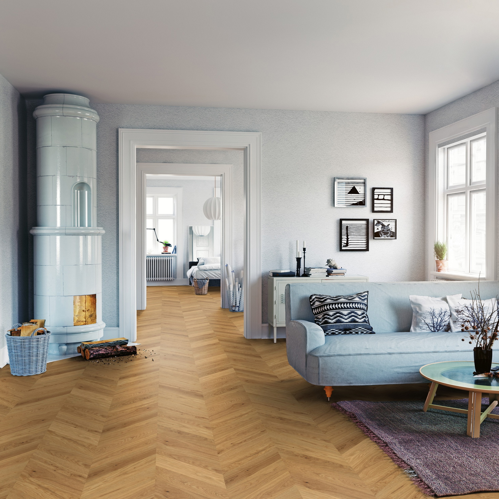 Milieubild Wohnzimmer mit Sofa und Kachelofen - ter Hürne Parkett Estate Collection OLIO Eiche Sablon Milieubild Wohnzimmer mit Sofa und Kachelofen - ter Hürne 1101312673