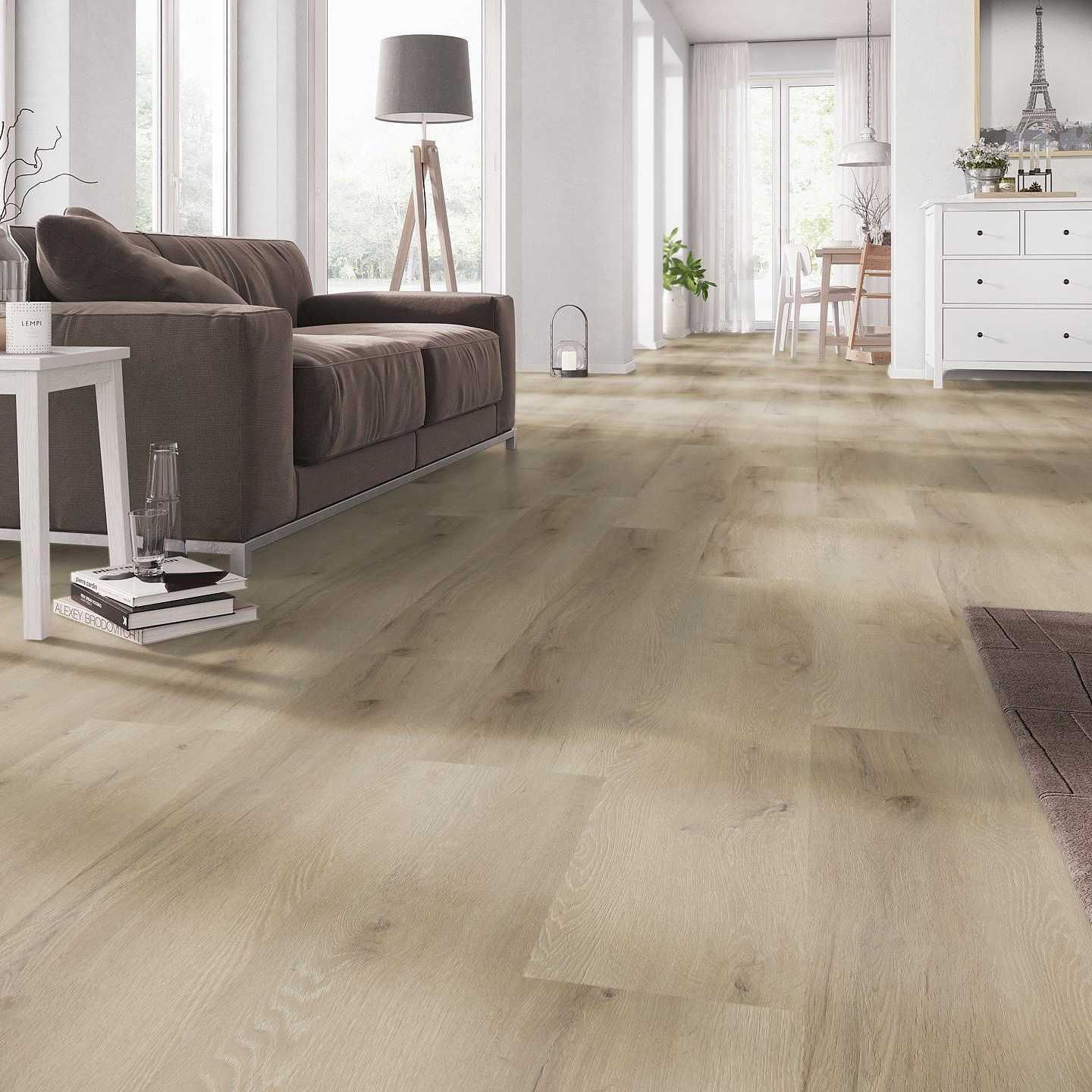 Milieubild Wohnzimmer mit Couch - nexflor Klebe-Vinyl Helios Collection Ithaca Oak Milieubild Wohnzimmer mit Couch - nexflor NXF-10030-007