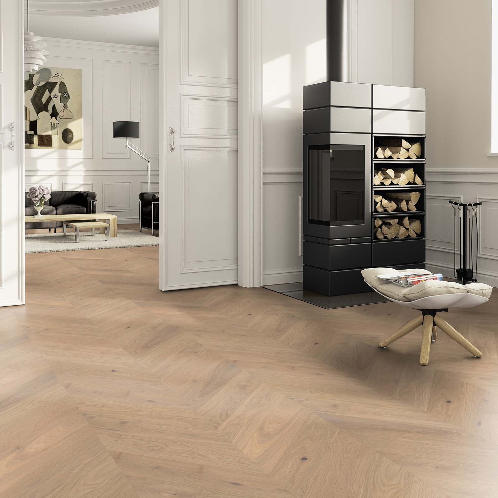 Milieubild Wohnzimmer im Landhaus-Stil mit Kamin - ter Hürne Parkett Estate Collection EVO Eiche Ravello Milieubild Wohnzimmer im Landhaus-Stil mit Kamin - ter Hürne 1101312683