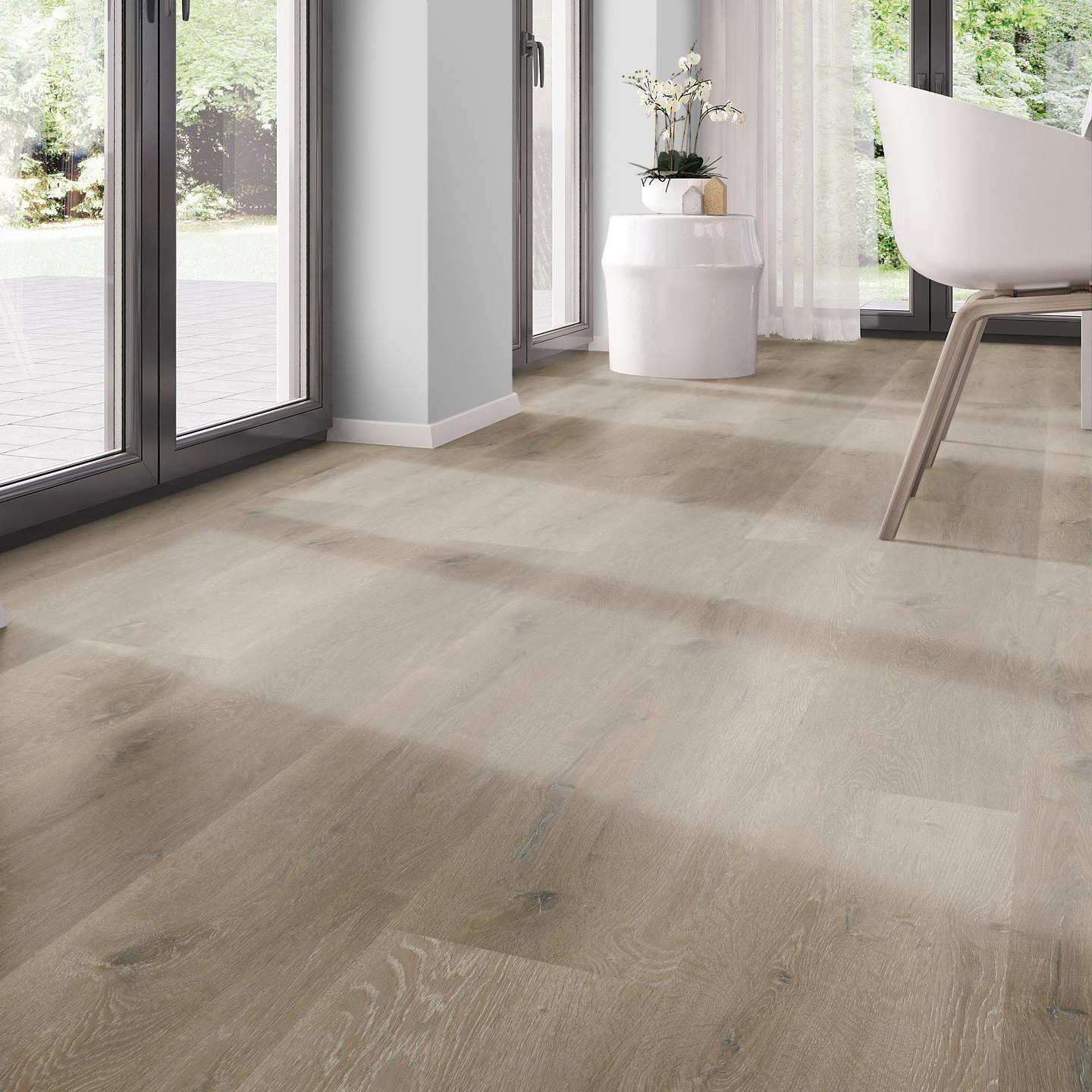 Milieubild Modernes Esszimmer - bodentiefe Perspektive - nexflor Rigid Klick-Vinyl Helios Click Collection Miletus Oak Milieubild Modernes Esszimmer - bodentiefe Perspektive - nexflor NXF-20030-002