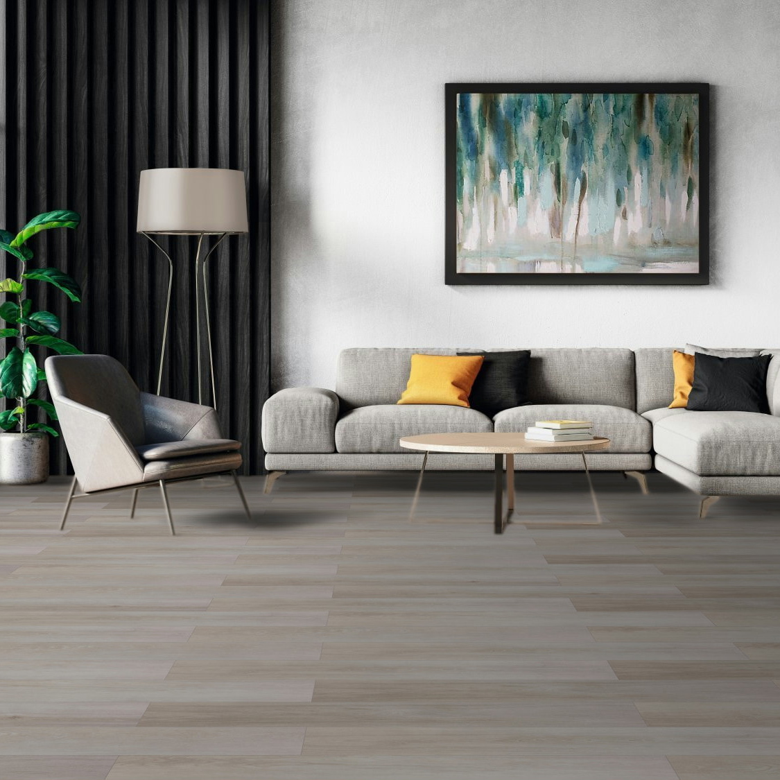 Milieubild Modernes Wohnzimmer mit Sessel und Sofa - BerryAlloc Klebe-Vinyl Zenn Gluedown 30 Oslo Milieubild Modernes Wohnzimmer mit Sessel und Sofa - BerryAlloc 60002220