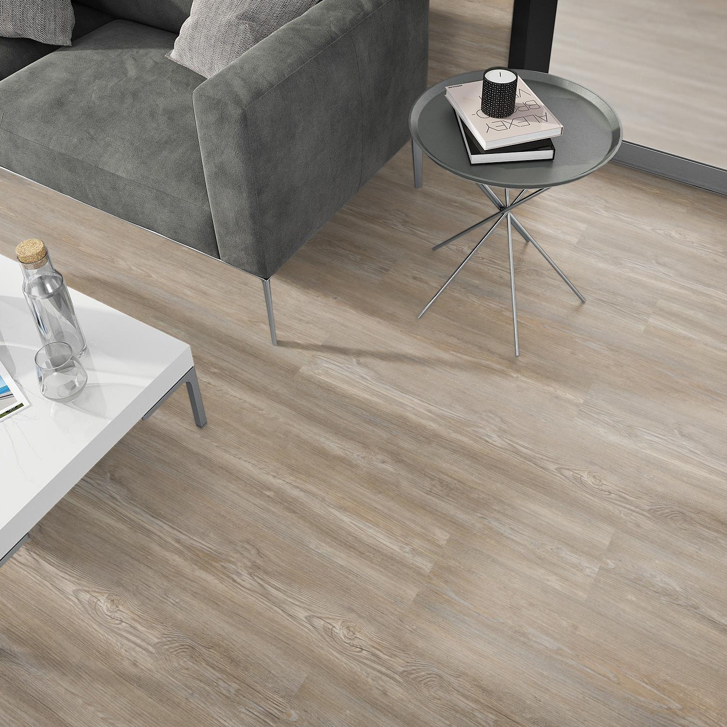 Milieubild Wohnzimmer - Sofa mit Beistelltisch und Glastür - nexflor Klebe-Vinyl Apollo Collection Olympia Oak Milieubild Wohnzimmer - Sofa mit Beistelltisch und Glastür - nexflor NXF-50030-005