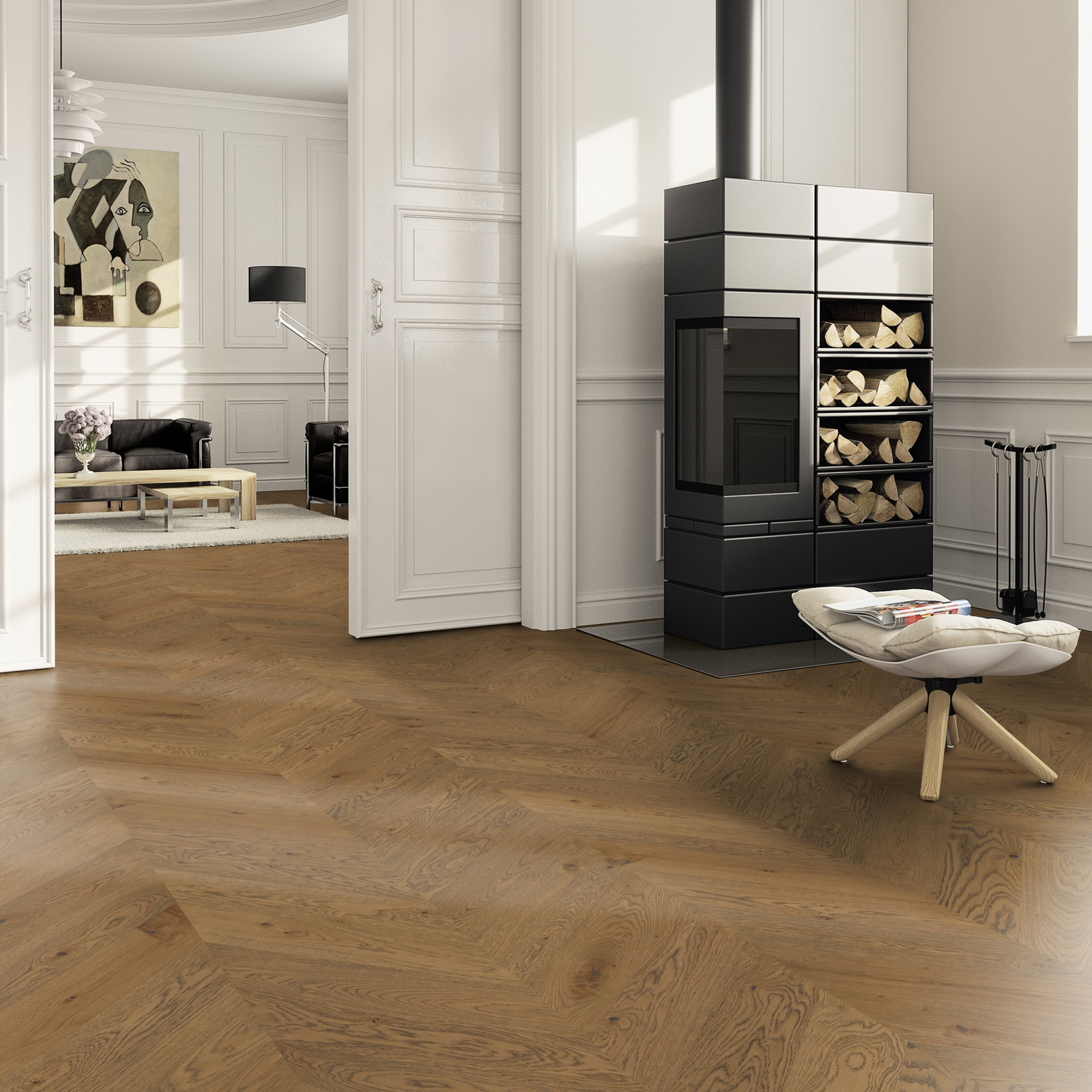 Milieubild Wohnzimmer im Landhaus-Stil mit Kamin - ter Hürne Parkett Estate Collection OLIO Eiche Karlstad Milieubild Wohnzimmer im Landhaus-Stil mit Kamin - ter Hürne 1101312676
