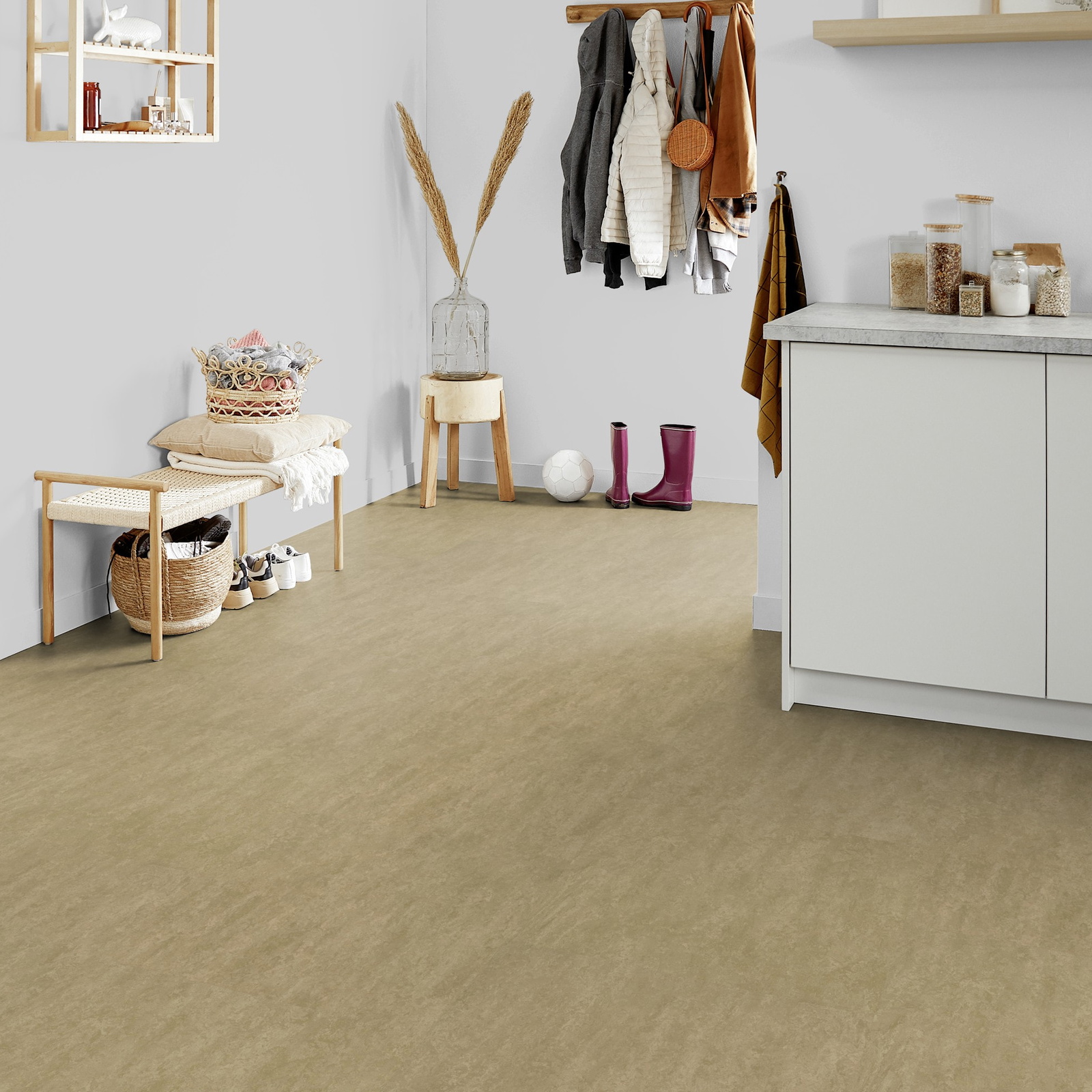 Milieubild Kompakte Küchenzeile im offenen Wohnbereich - Forbo Flooring Marmoleum Modular Neutral Oat Milieubild Kompakte Küchenzeile im offenen Wohnbereich - Forbo Flooring 255344