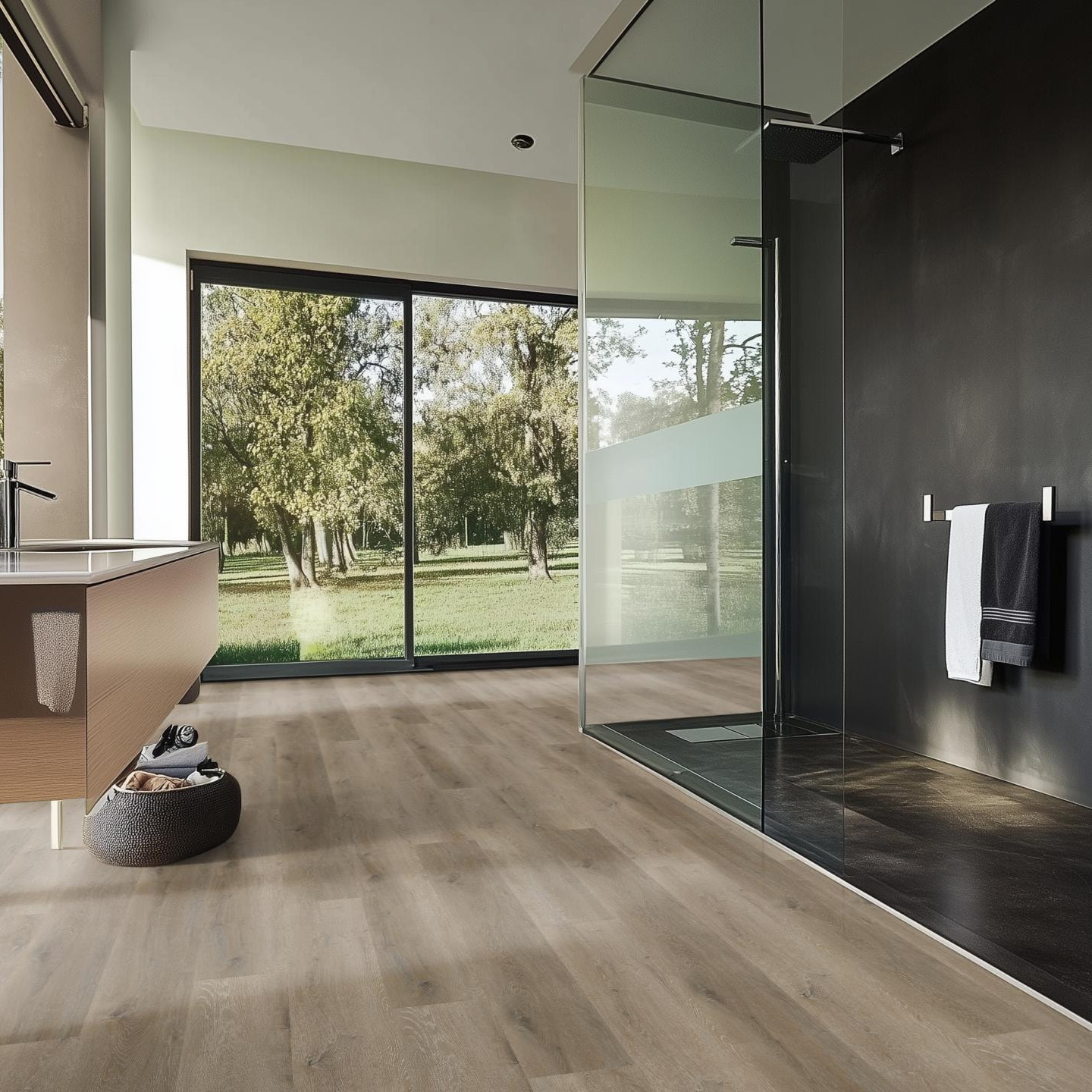 Milieubild Modernes Badezimmer mit bodentiefer Dusche - nexflor Rigid Klick-Vinyl Helios Click Collection Miletus Oak Milieubild Modernes Badezimmer mit bodentiefer Dusche - nexflor NXF-20030-002