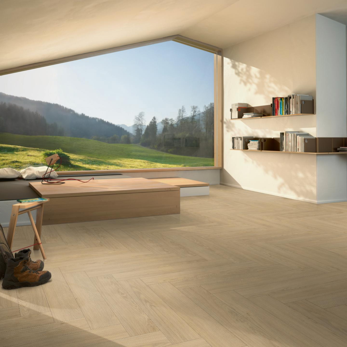 Milieubild Moderne Hütte mit Blick in die Natur - Parador Laminat Trendtime 3 Eiche Mont Blanc geschliffen Milieubild Moderne Hütte mit Blick in die Natur - Parador 1748753