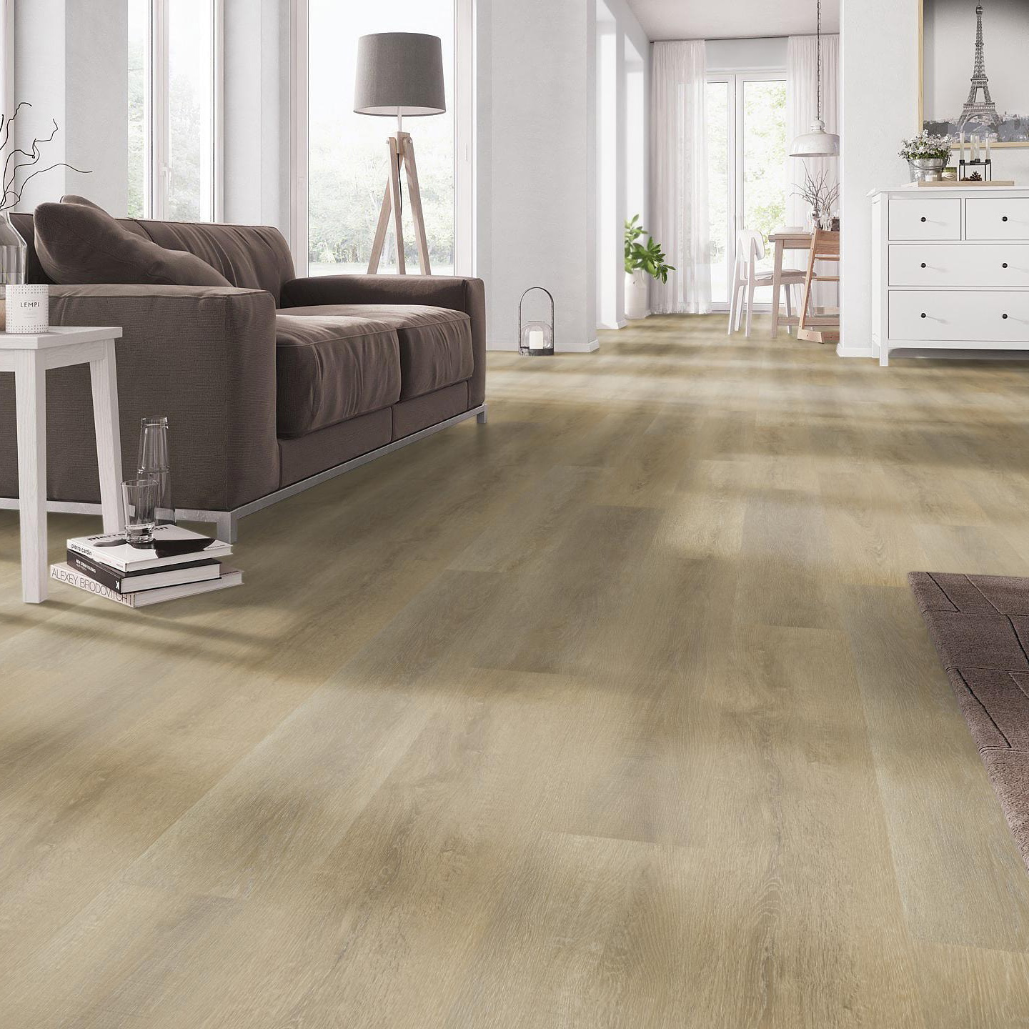 Milieubild Wohnzimmer mit Couch - nexflor Klebe-Vinyl Apollo Collection Thebes Oak Milieubild Wohnzimmer mit Couch - nexflor NXF-50030-013