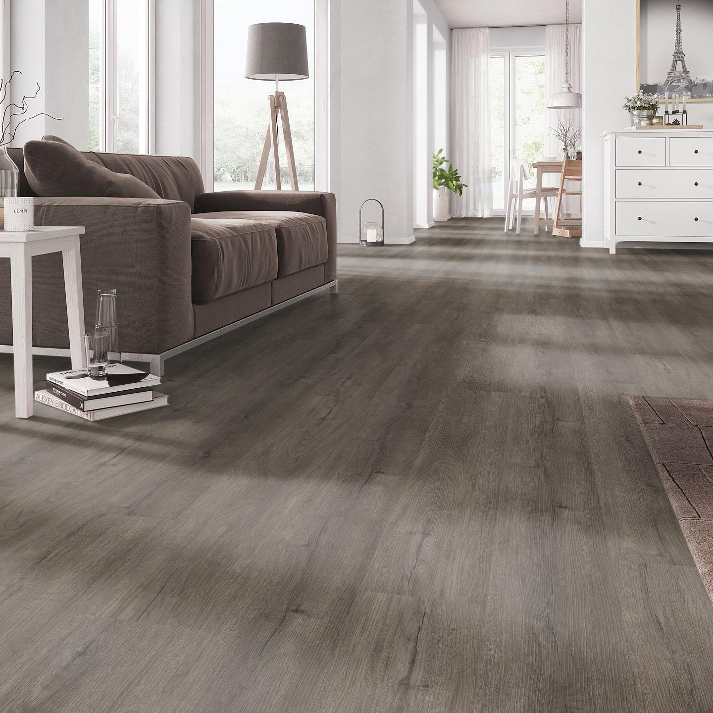 Milieubild Wohnzimmer mit Couch - nexflor Klebe-Vinyl Apollo Collection Sparta Oak Milieubild Wohnzimmer mit Couch - nexflor NXF-50030-006