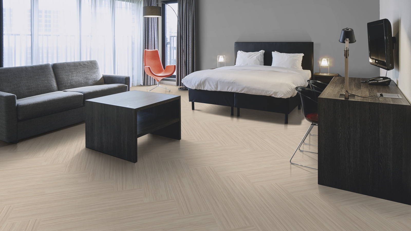 Milieubild Hotelzimmer mit Kingsize-Bett - Forbo Flooring Klebe-Bioboden Modular Lines Rocky Ice Milieubild Hotelzimmer mit Kingsize-Bett - Forbo Flooring 168299
