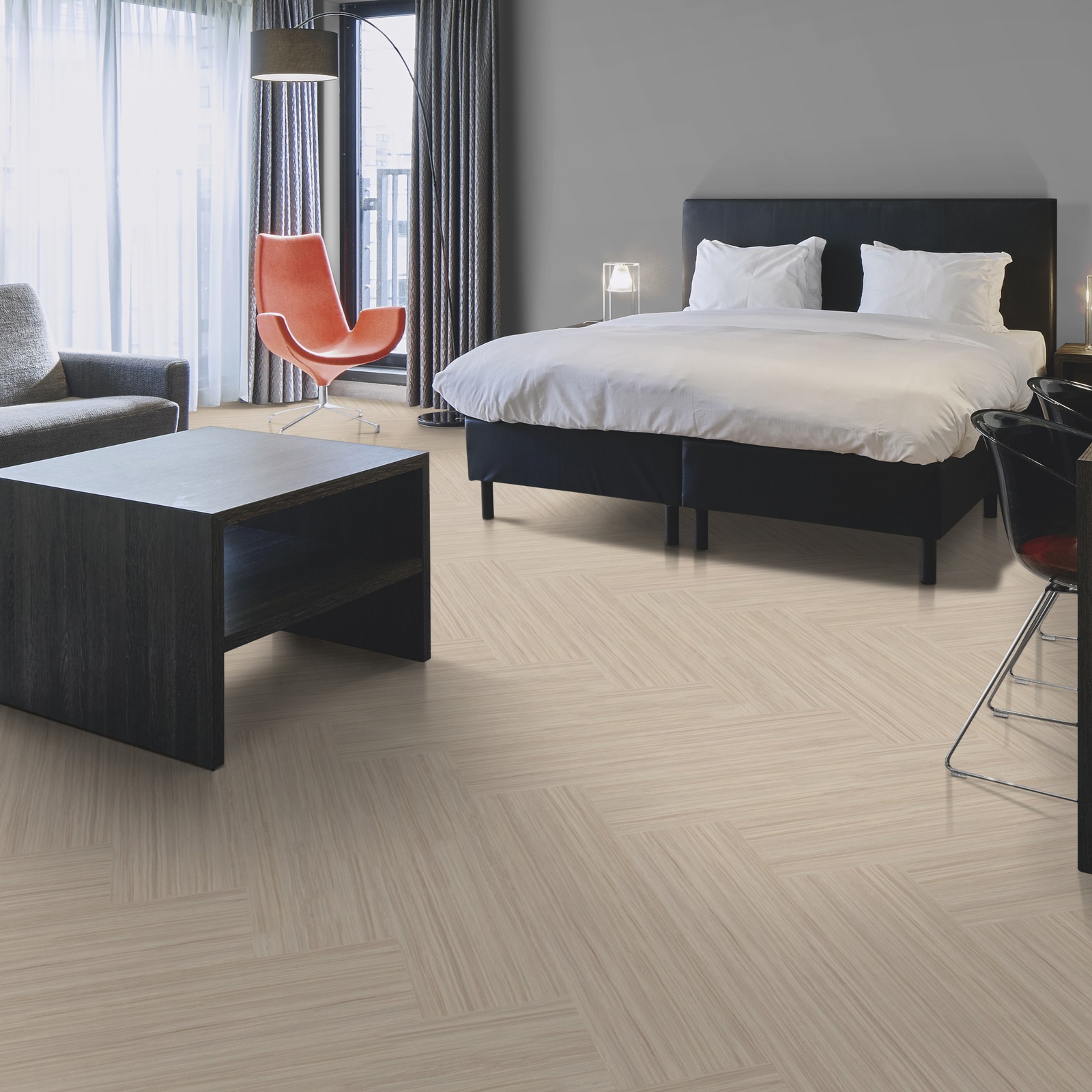Milieubild Hotelzimmer mit Kingsize-Bett - Forbo Flooring Klebe-Bioboden Modular Lines Rocky Ice Milieubild Hotelzimmer mit Kingsize-Bett - Forbo Flooring 168299