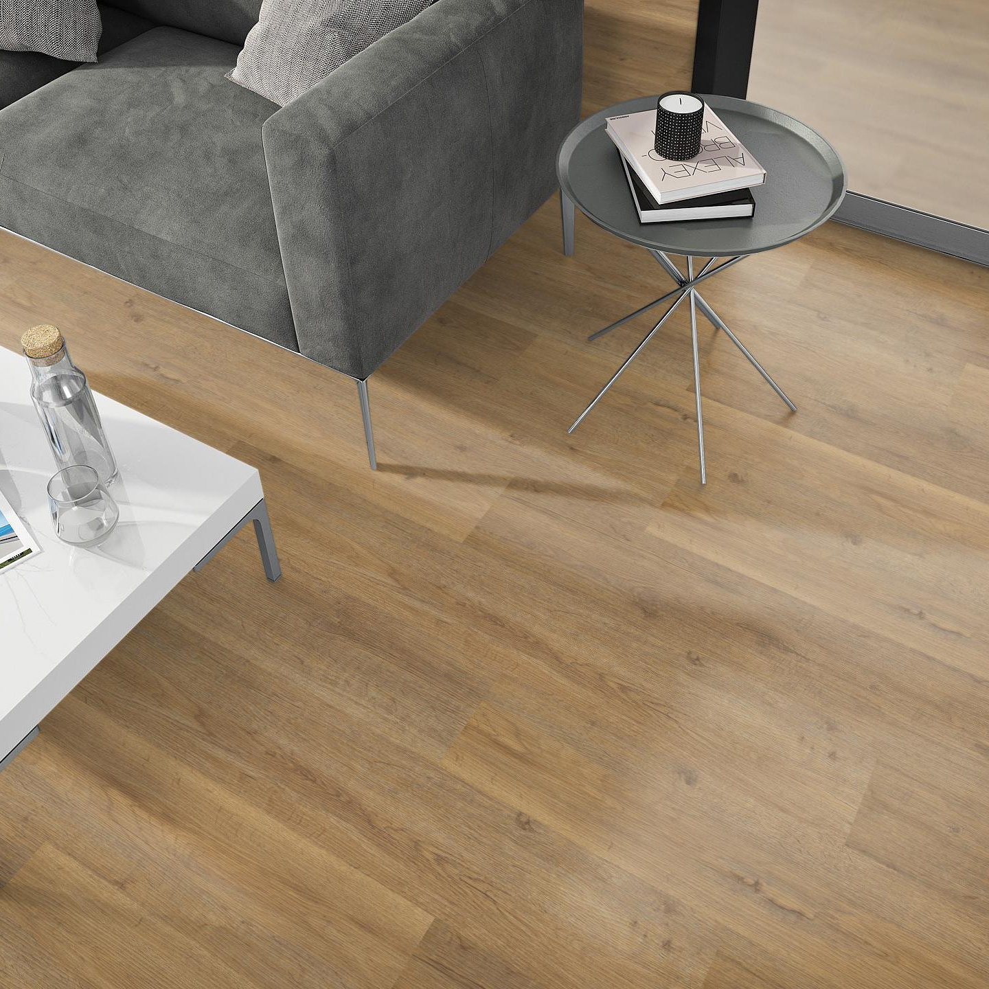 Milieubild Wohnzimmer - Sofa mit Beistelltisch und Glastür - nexflor Klebe-Vinyl Apollo Collection Delphi Oak Milieubild Wohnzimmer - Sofa mit Beistelltisch und Glastür - nexflor NXF-50030-002