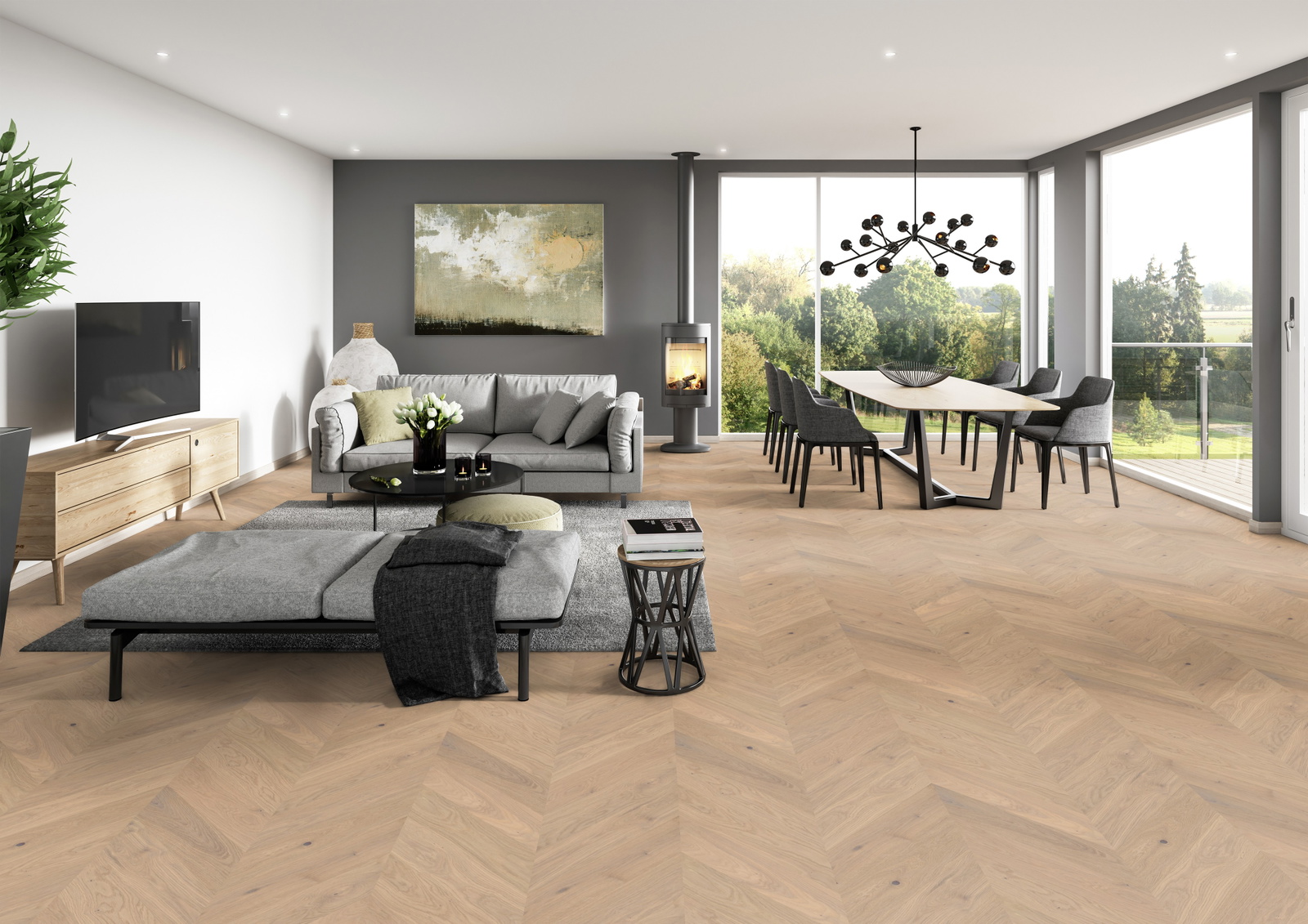 Milieubild Modernes Wohnzimmer mit Essbereich - ter Hürne Parkett Estate Collection EVO Eiche Ravello Milieubild Modernes Wohnzimmer mit Essbereich - ter Hürne 1101312683