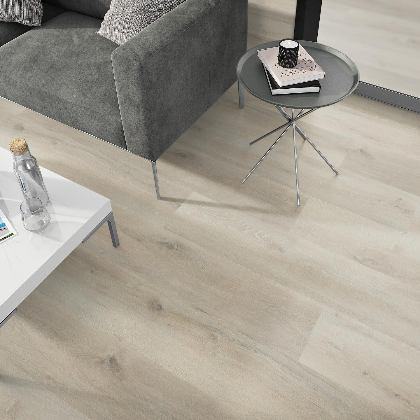 Milieubild Wohnzimmer - Sofa mit Beistelltisch und Glastür - nexflor Rigid Klick-Vinyl Helios Click Collection Phocis Oak Milieubild Wohnzimmer - Sofa mit Beistelltisch und Glastür - nexflor NXF-20030-001