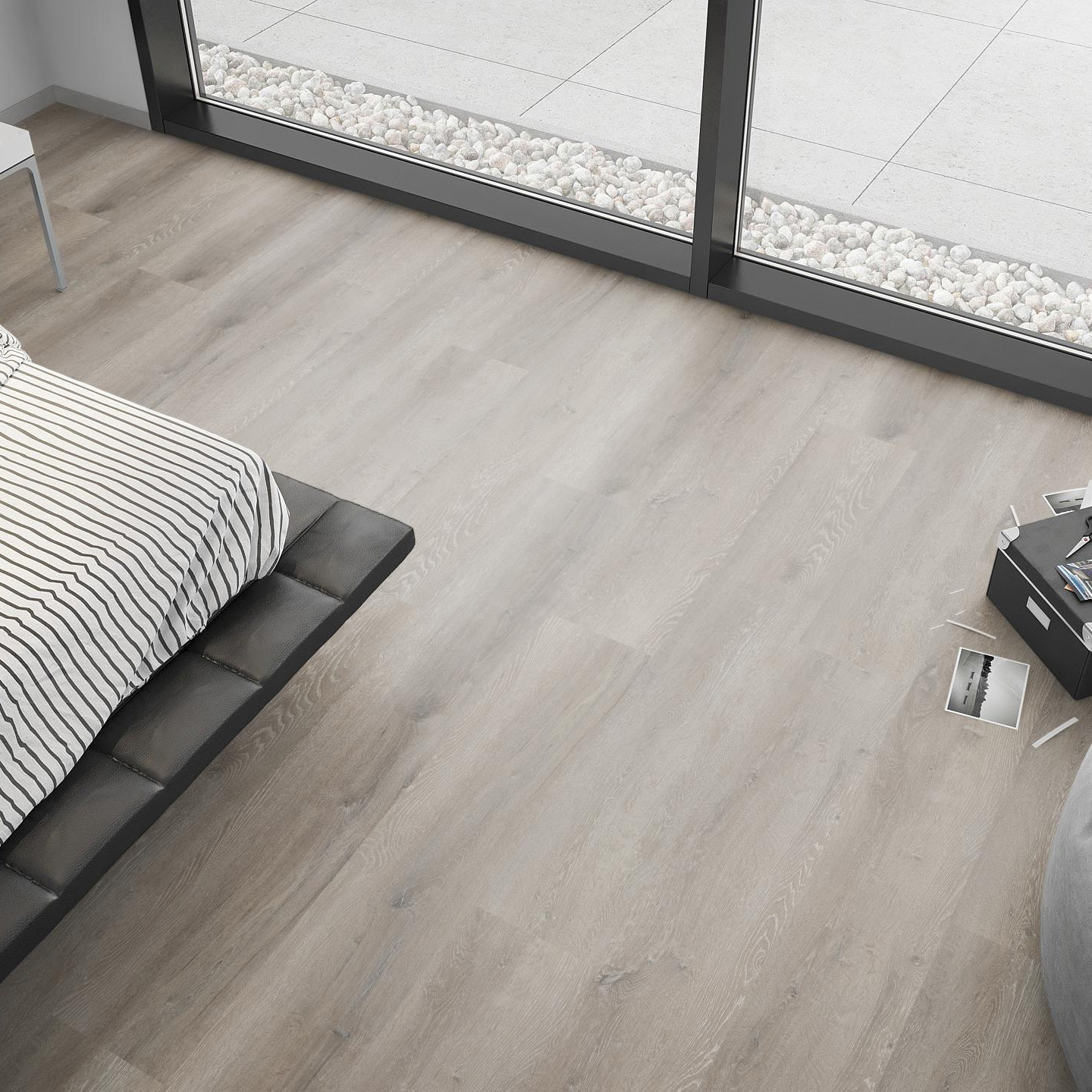 Milieubild Schlafzimmer mit Sitzkissen - nexflor Rigid Klick-Vinyl Helios Click Collection Marathon Oak Milieubild Schlafzimmer mit Sitzkissen - nexflor NXF-20030-003