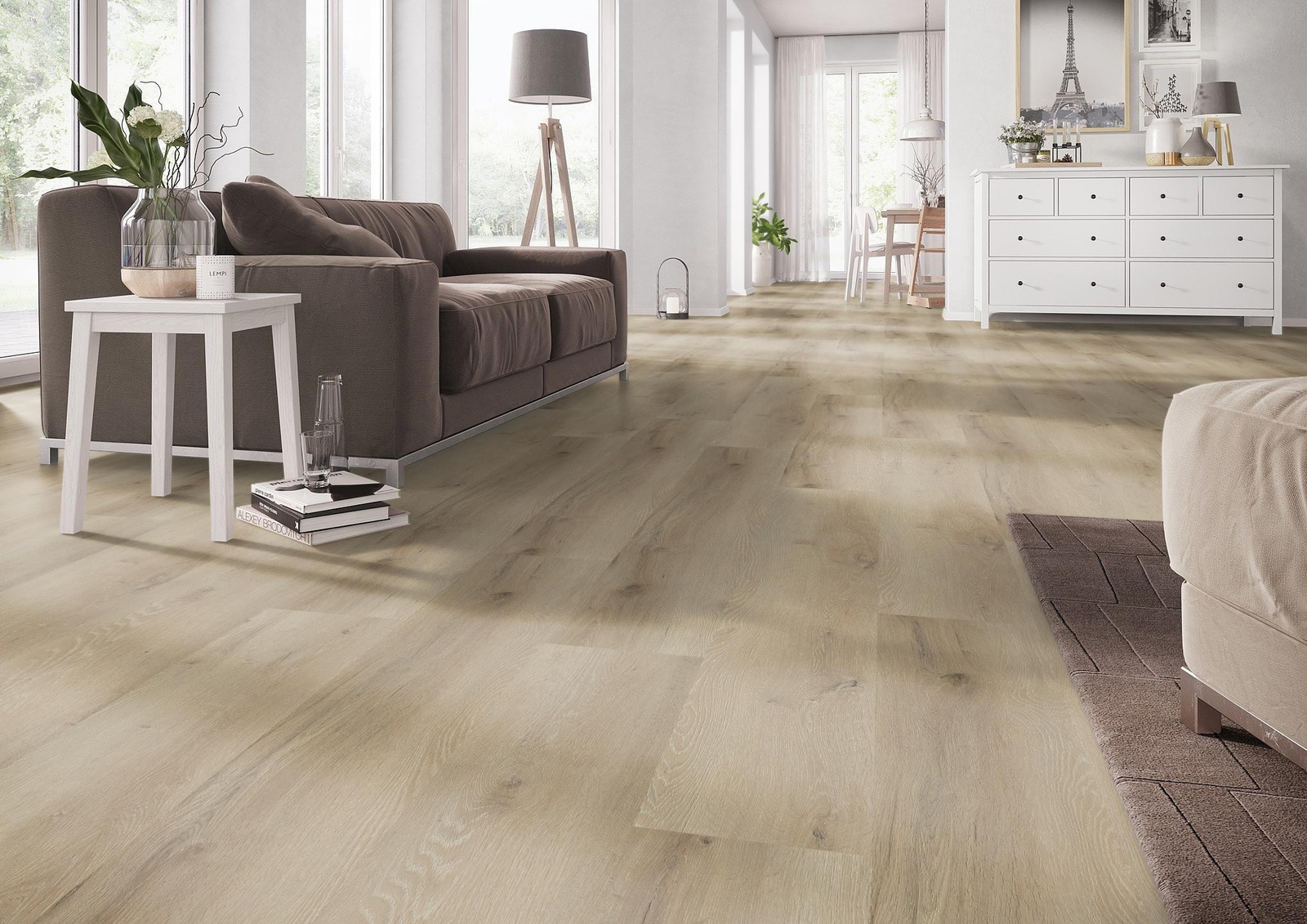 Milieubild Wohnzimmer mit Couch - nexflor Rigid Klick-Vinyl Helios Click Collection Ithaca Oak Milieubild Wohnzimmer mit Couch - nexflor NXF-20030-007
