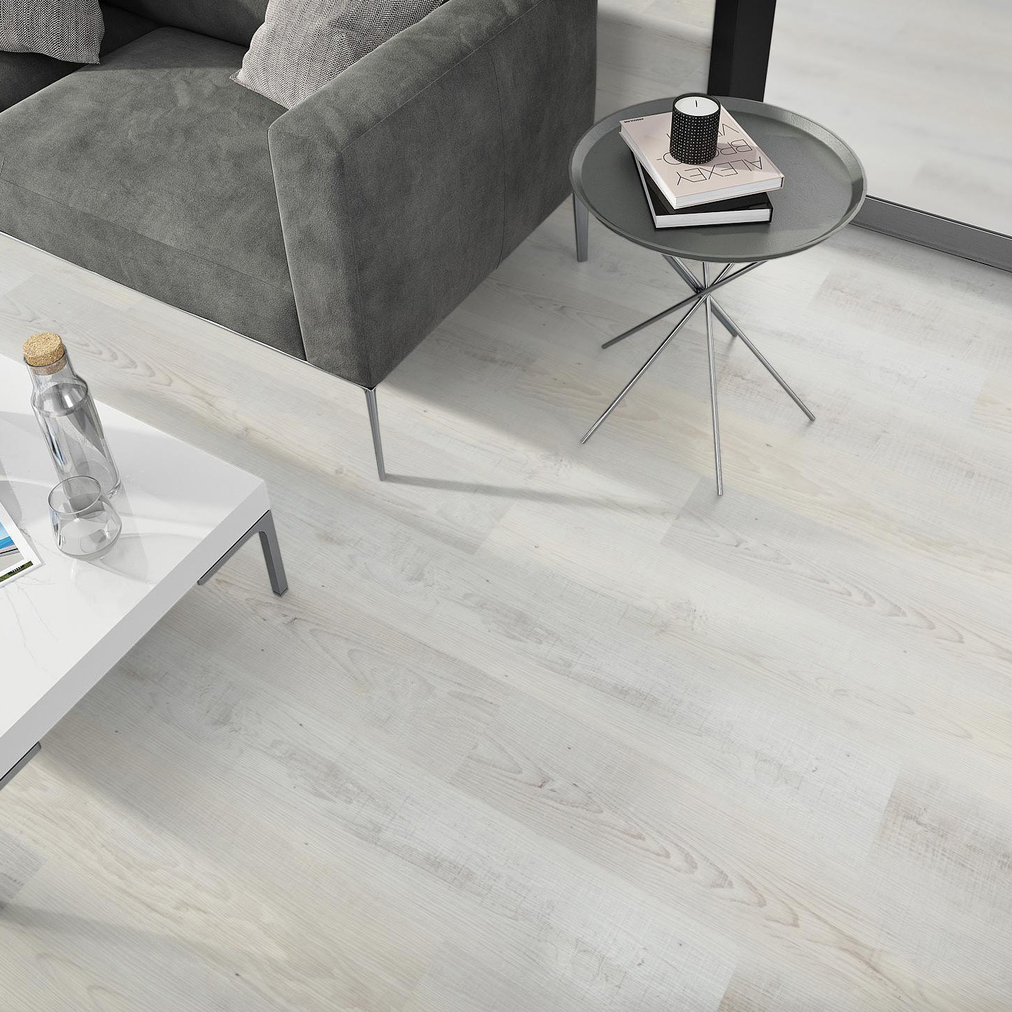 Milieubild Wohnzimmer - Sofa mit Beistelltisch und Glastür - nexflor Rigid Klick-Vinyl Apollo Click Collection Pergamon Oak Milieubild Wohnzimmer - Sofa mit Beistelltisch und Glastür - nexflor NXF-60030-008