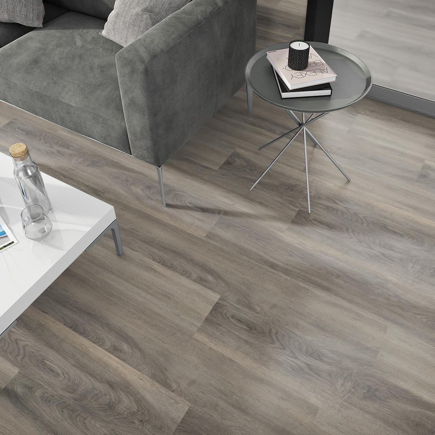 Milieubild Wohnzimmer - Sofa mit Beistelltisch und Glastür - nexflor Rigid Klick-Vinyl Apollo Click Collection Delos Oak Milieubild Wohnzimmer - Sofa mit Beistelltisch und Glastür - nexflor NXF-60030-007