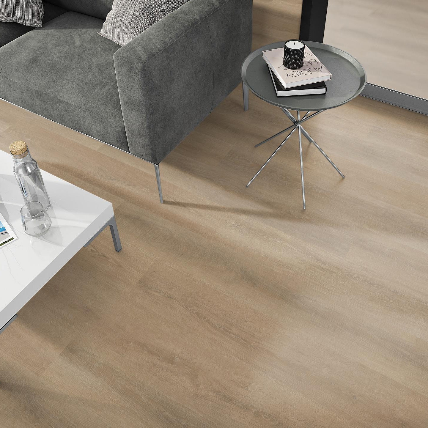 Milieubild Wohnzimmer - Sofa mit Beistelltisch und Glastür - nexflor NXF-50030-014