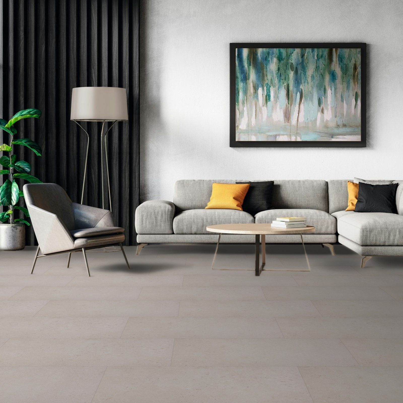 Milieubild Modernes Wohnzimmer mit Sessel und Sofa - BerryAlloc Klebe-Vinyl Zenn Gluedown 55 Delhi Milieubild Modernes Wohnzimmer mit Sessel und Sofa - BerryAlloc 60002258