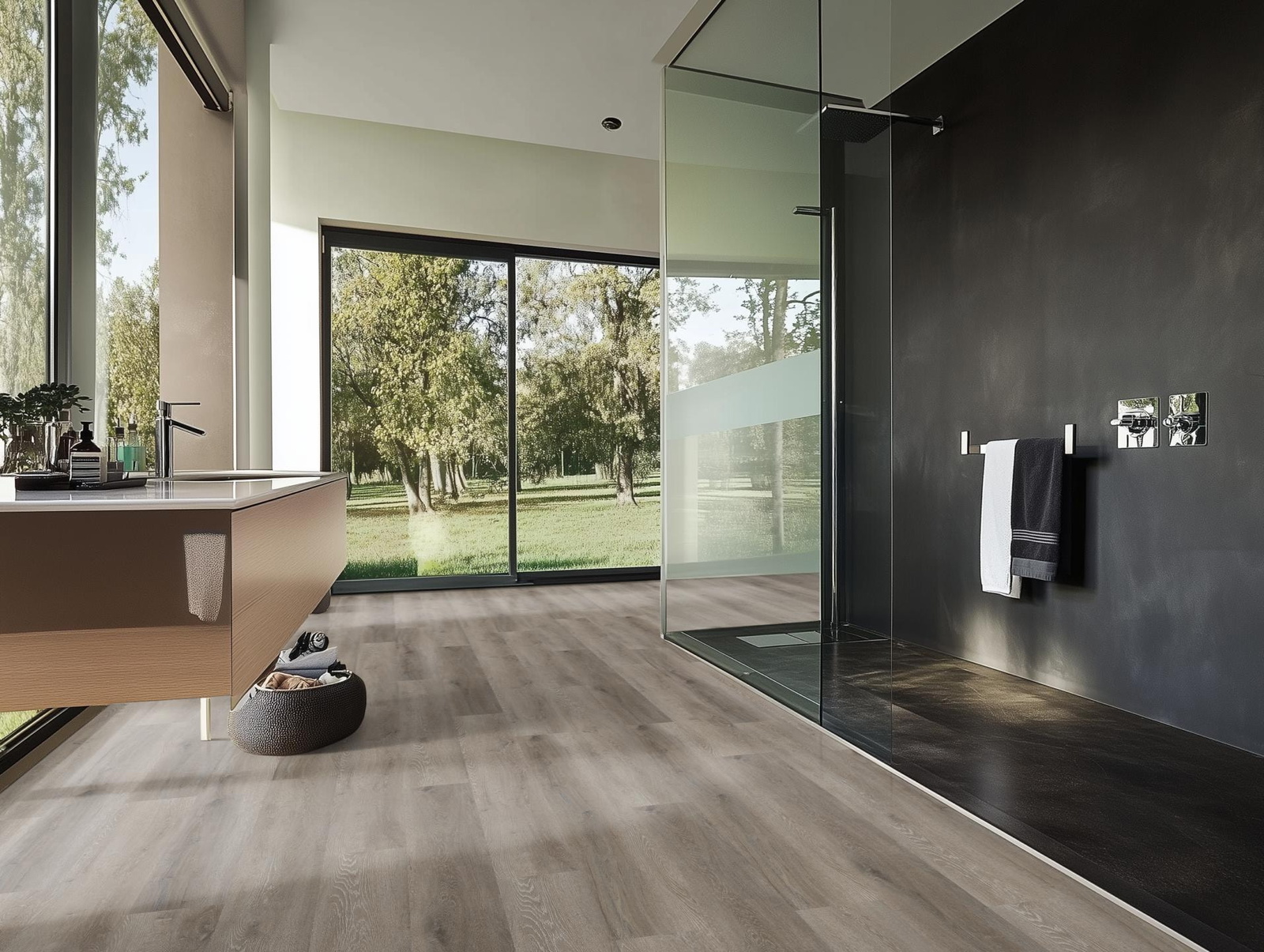Milieubild Modernes Badezimmer mit bodentiefer Dusche - nexflor Rigid Klick-Vinyl Helios Click Collection Marathon Oak Milieubild Modernes Badezimmer mit bodentiefer Dusche - nexflor NXF-20030-003