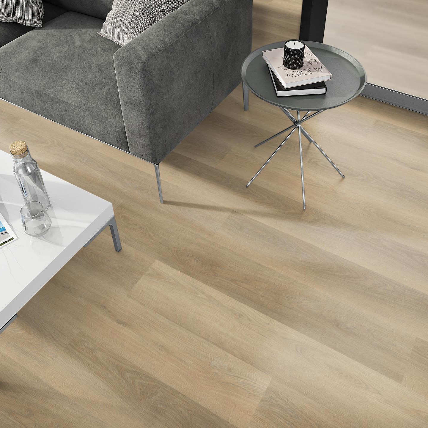 Milieubild Wohnzimmer - Sofa mit Beistelltisch und Glastür - nexflor NXF-50030-015