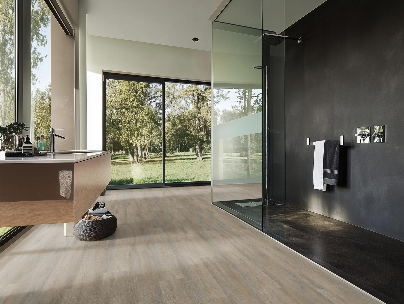 Milieubild Modernes Badezimmer mit bodentiefer Dusche - nexflor Rigid Klick-Vinyl Helios Click Collection Alexandria Oak Milieubild Modernes Badezimmer mit bodentiefer Dusche - nexflor NXF-20030-006