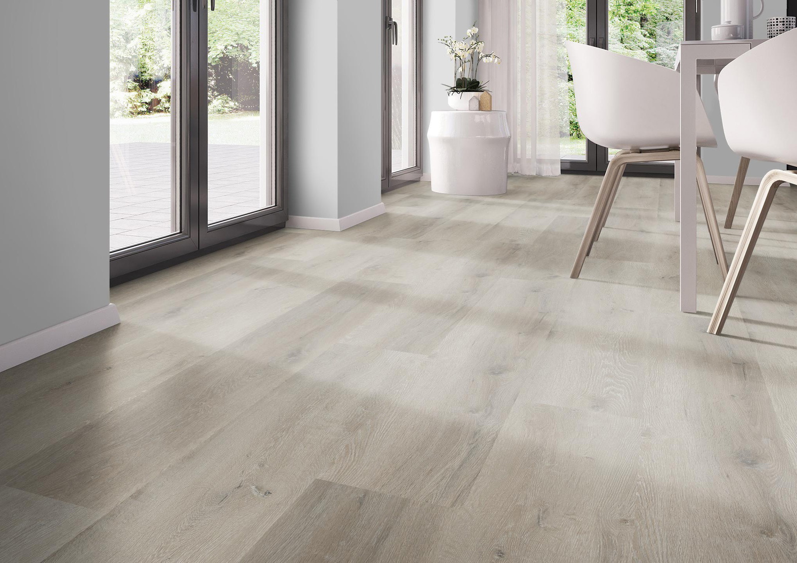 Milieubild Modernes Esszimmer - bodentiefe Perspektive - nexflor Rigid Klick-Vinyl Helios Click Collection Teos Oak Milieubild Modernes Esszimmer - bodentiefe Perspektive - nexflor NXF-20030-004