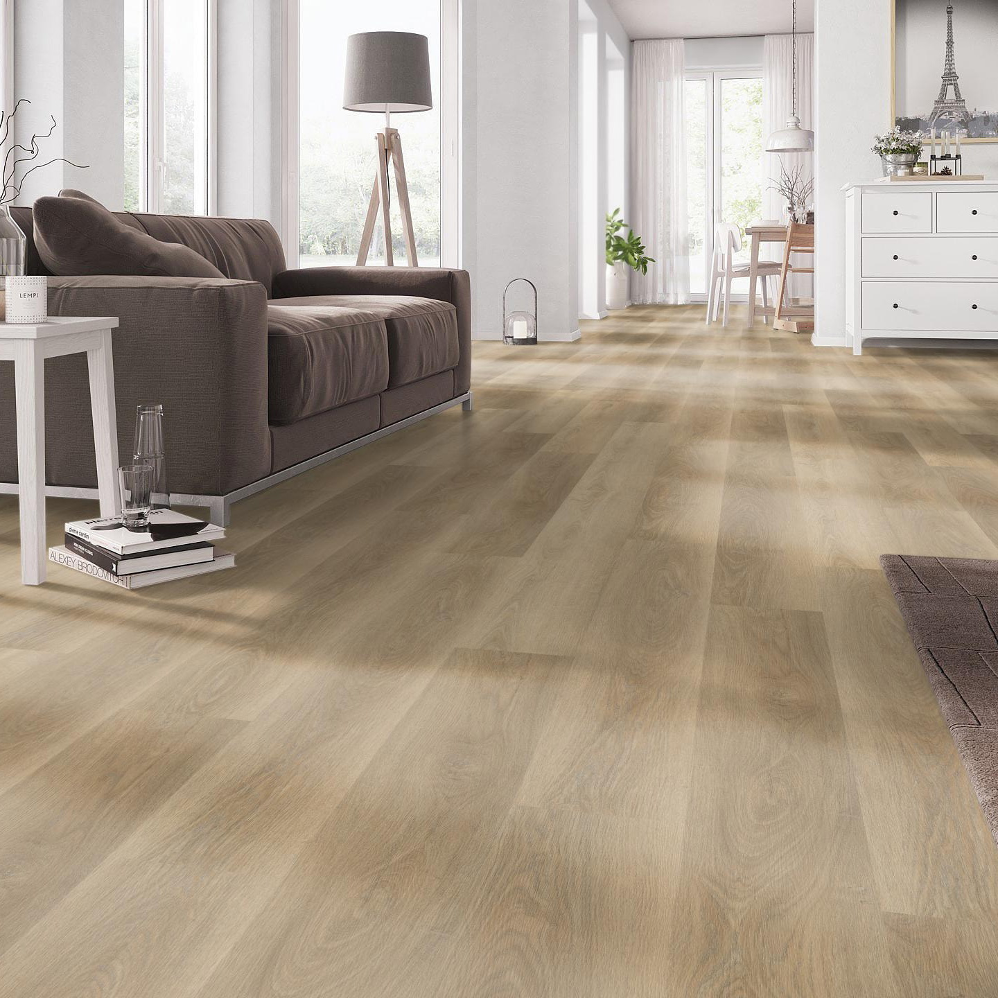 Milieubild Wohnzimmer mit Couch - nexflor Klebe-Vinyl Apollo Collection Samos Oak Milieubild Wohnzimmer mit Couch - nexflor NXF-50030-015