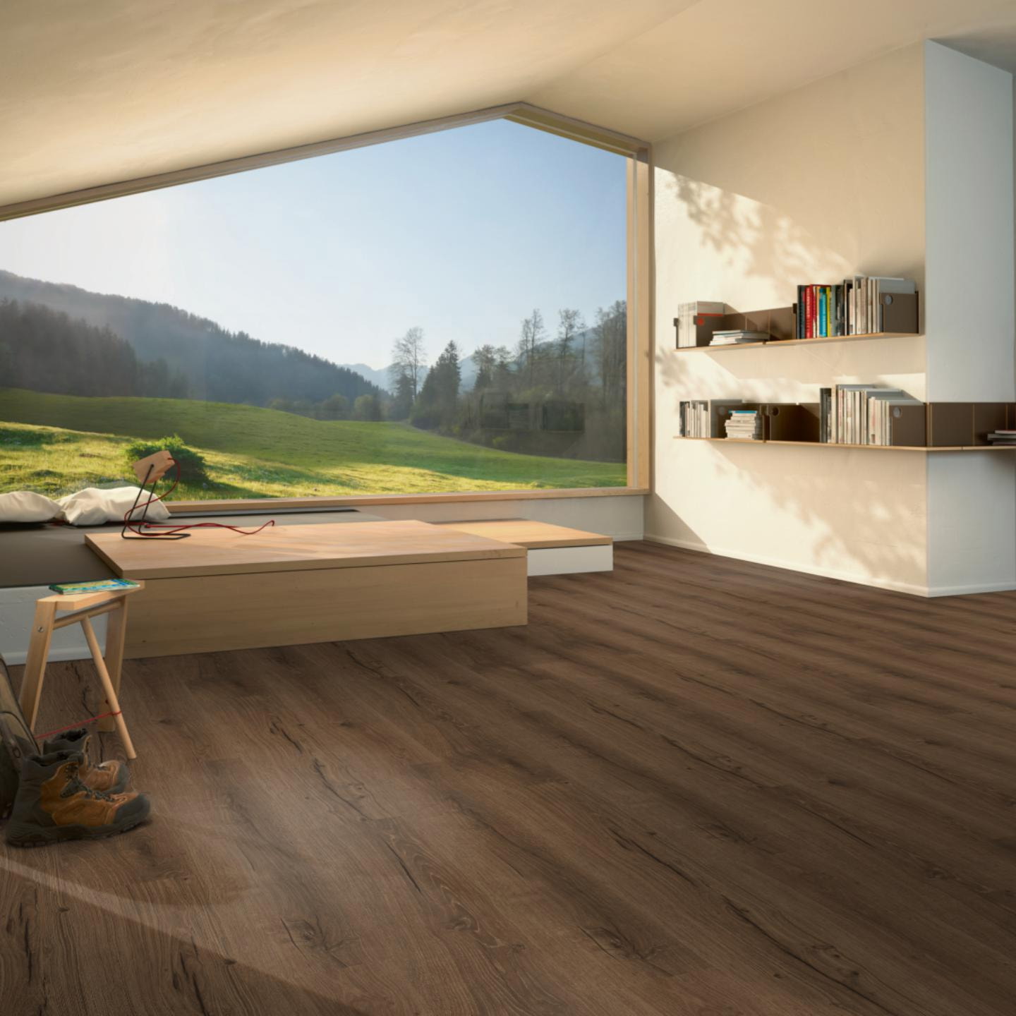 Milieubild Moderne Hütte mit Blick in die Natur - Parador Klebe-Vinyl Basic 2.0 Eiche Cambridge geräuchert Milieubild Moderne Hütte mit Blick in die Natur - Parador 1748821