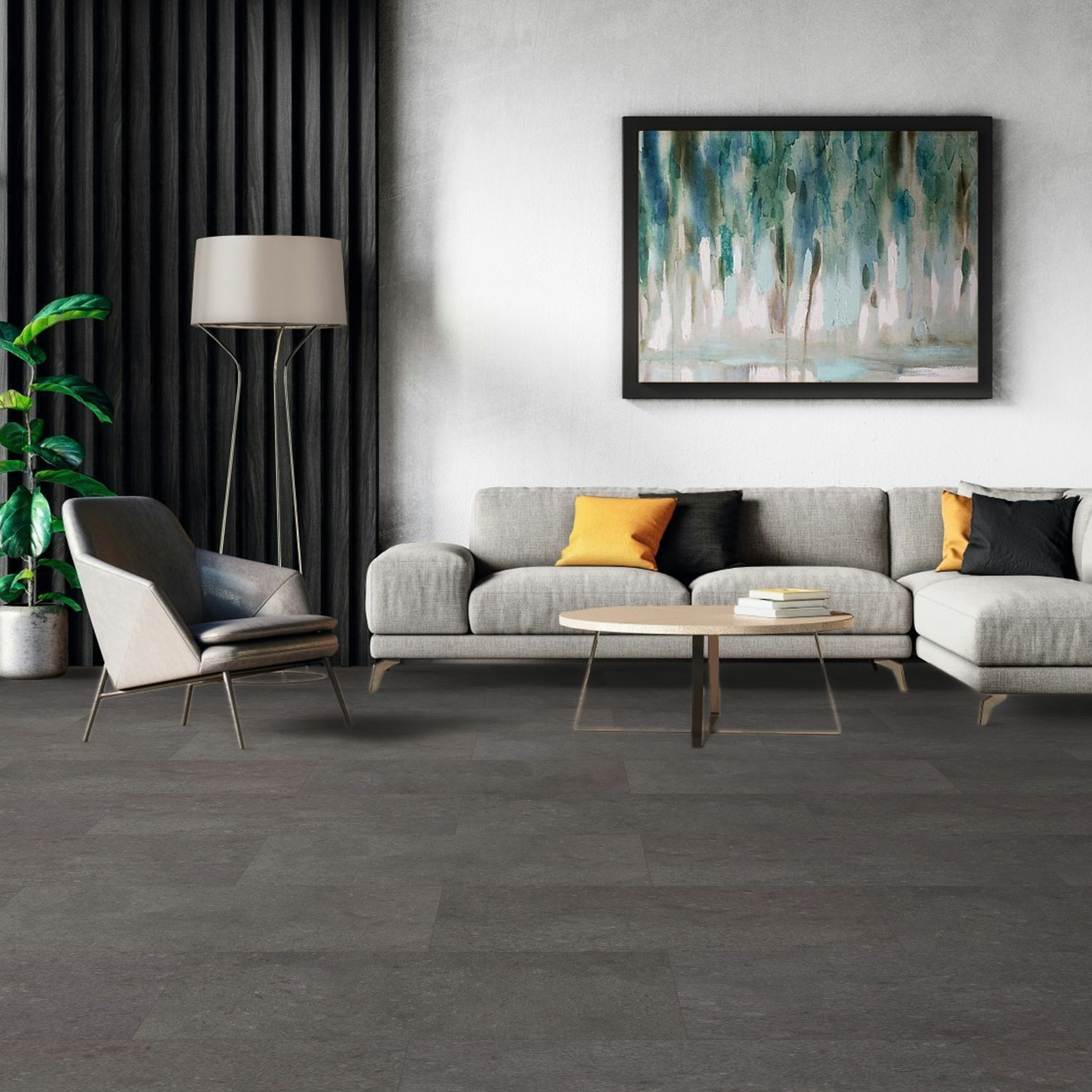 Milieubild Modernes Wohnzimmer mit Sessel und Sofa - BerryAlloc Klebe-Vinyl Zenn Gluedown 55 Rimini Milieubild Modernes Wohnzimmer mit Sessel und Sofa - BerryAlloc 60002260